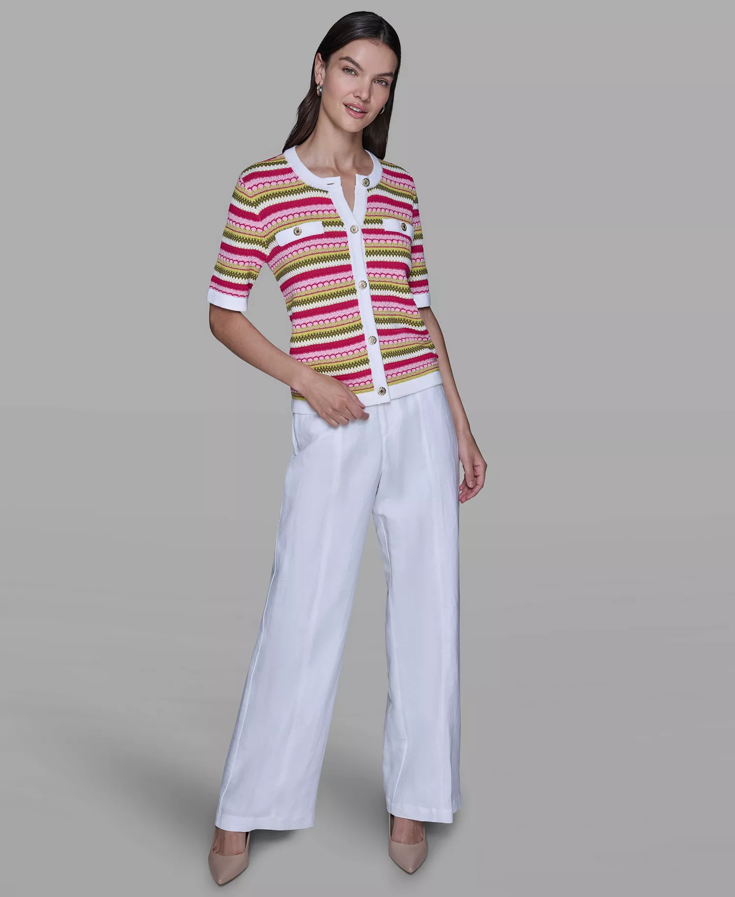 Women's Stripe Knitted Crewneck Top - Lime Multi - XL