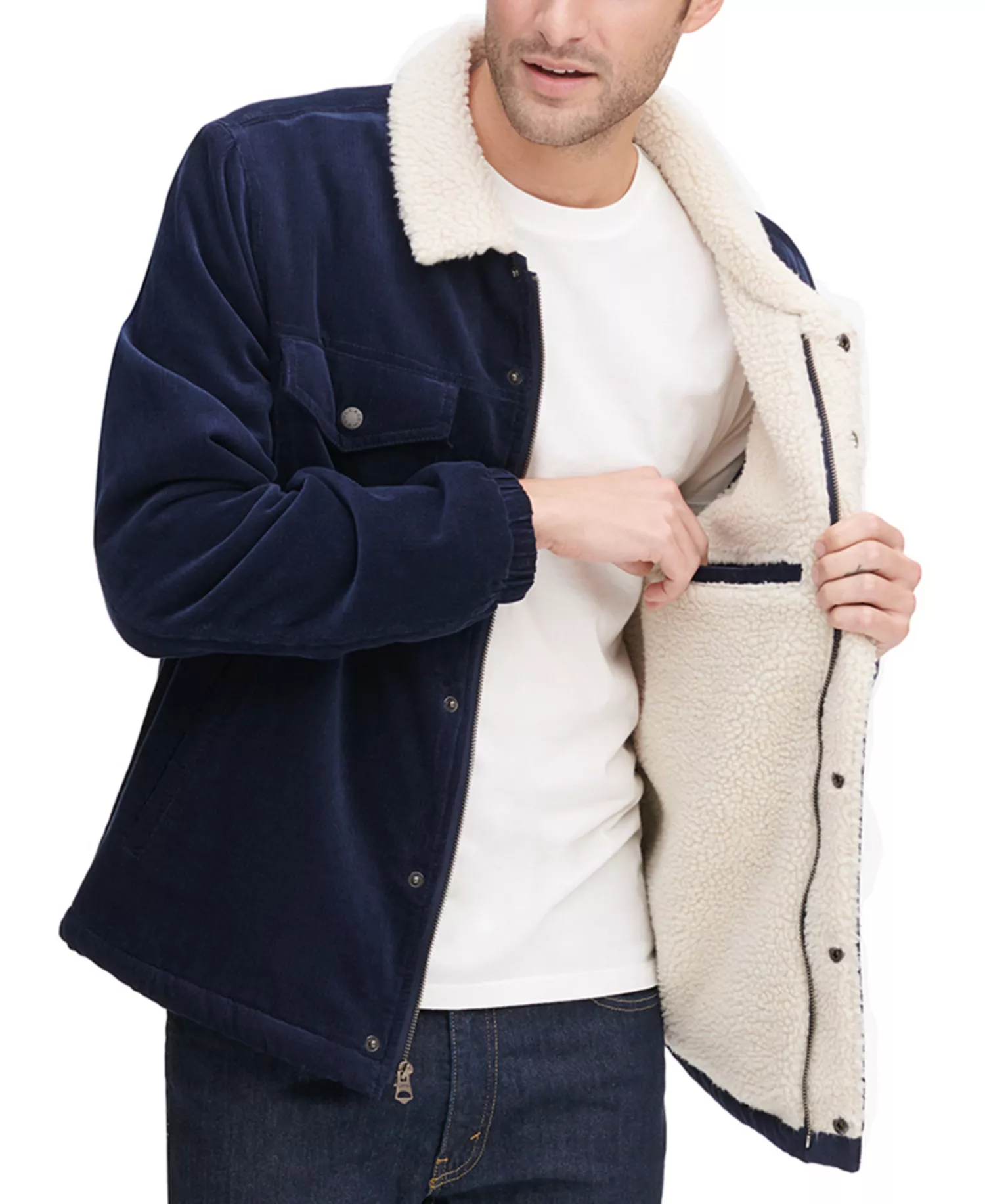 Men's Fleece-Lined Corduroy Trucker Jacket  - Navy - 2XL