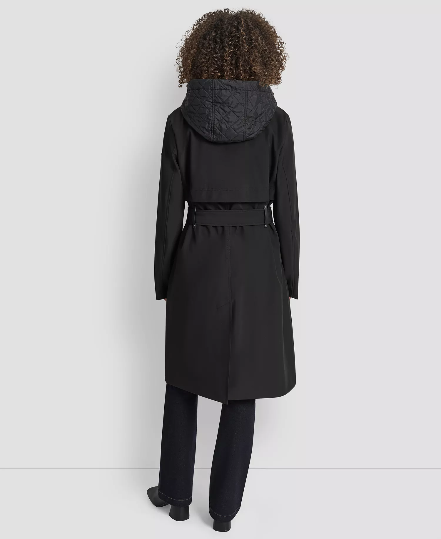 Women's Hooded Bibbed Belted Trench Coat - Black - L