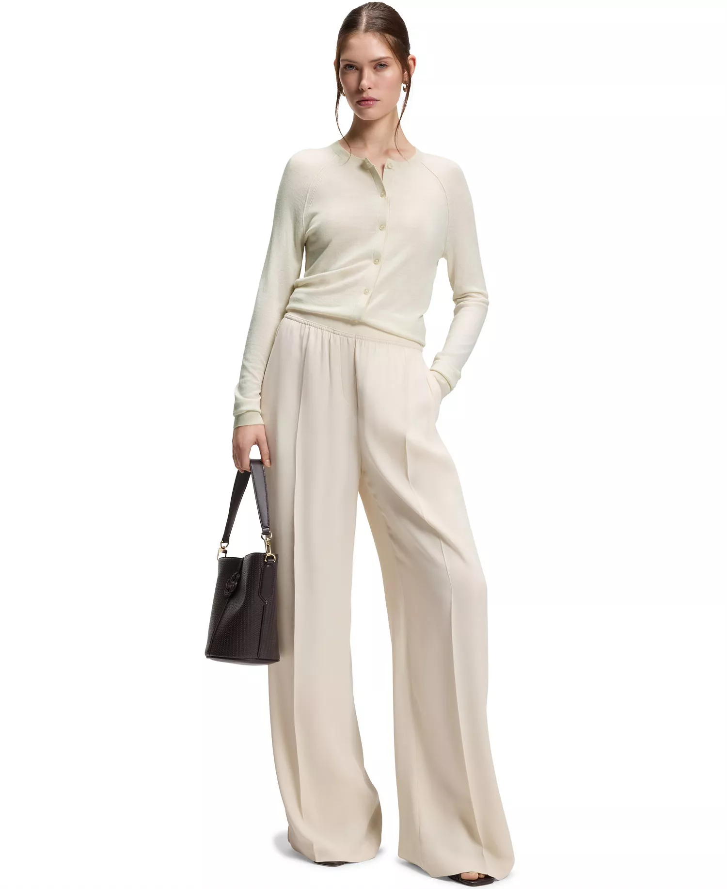 BOSS by Women's Extra-Fine Merino Wool Button-Up Cardigan Sweater - Open White - L