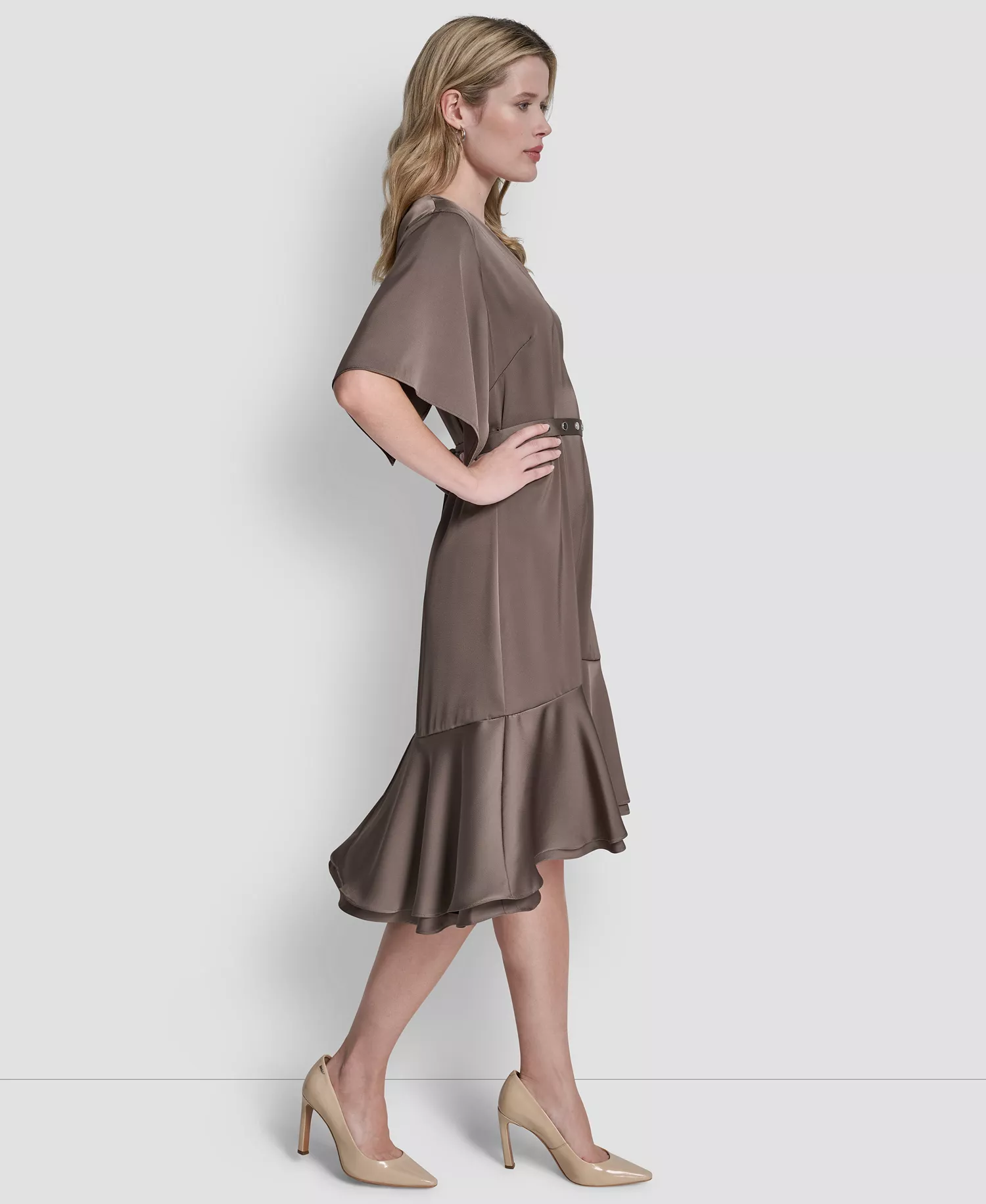 Women's Flutter Sleeve V-Neck High Low Midi Dress - Morel - 10