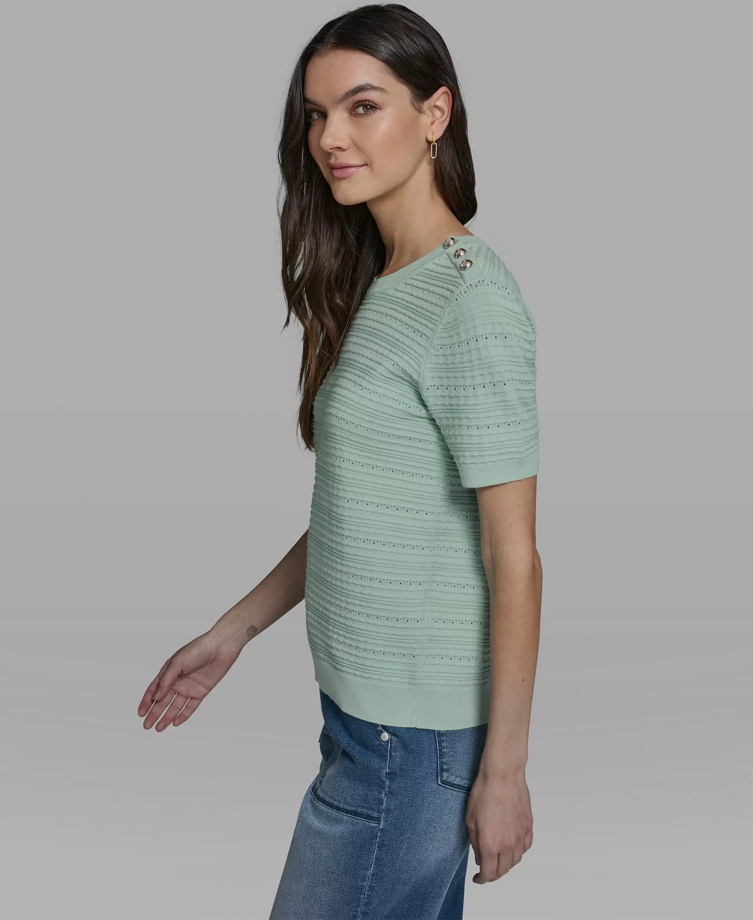 Women's Solid Pointelle Crew Neck Sweater - Fresh Mint - L