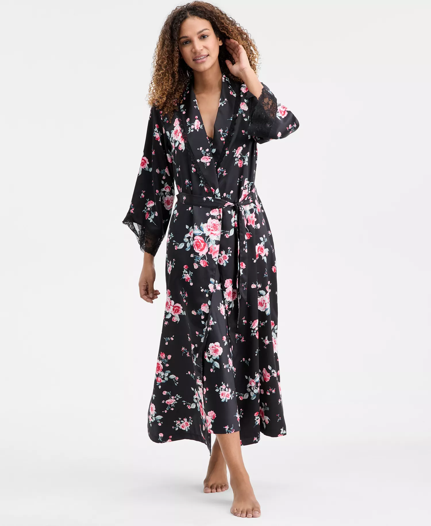 Women's Printed Lace Trim Shawl Collar Robe, Created for Macy's - Sofia Garden - 2XL