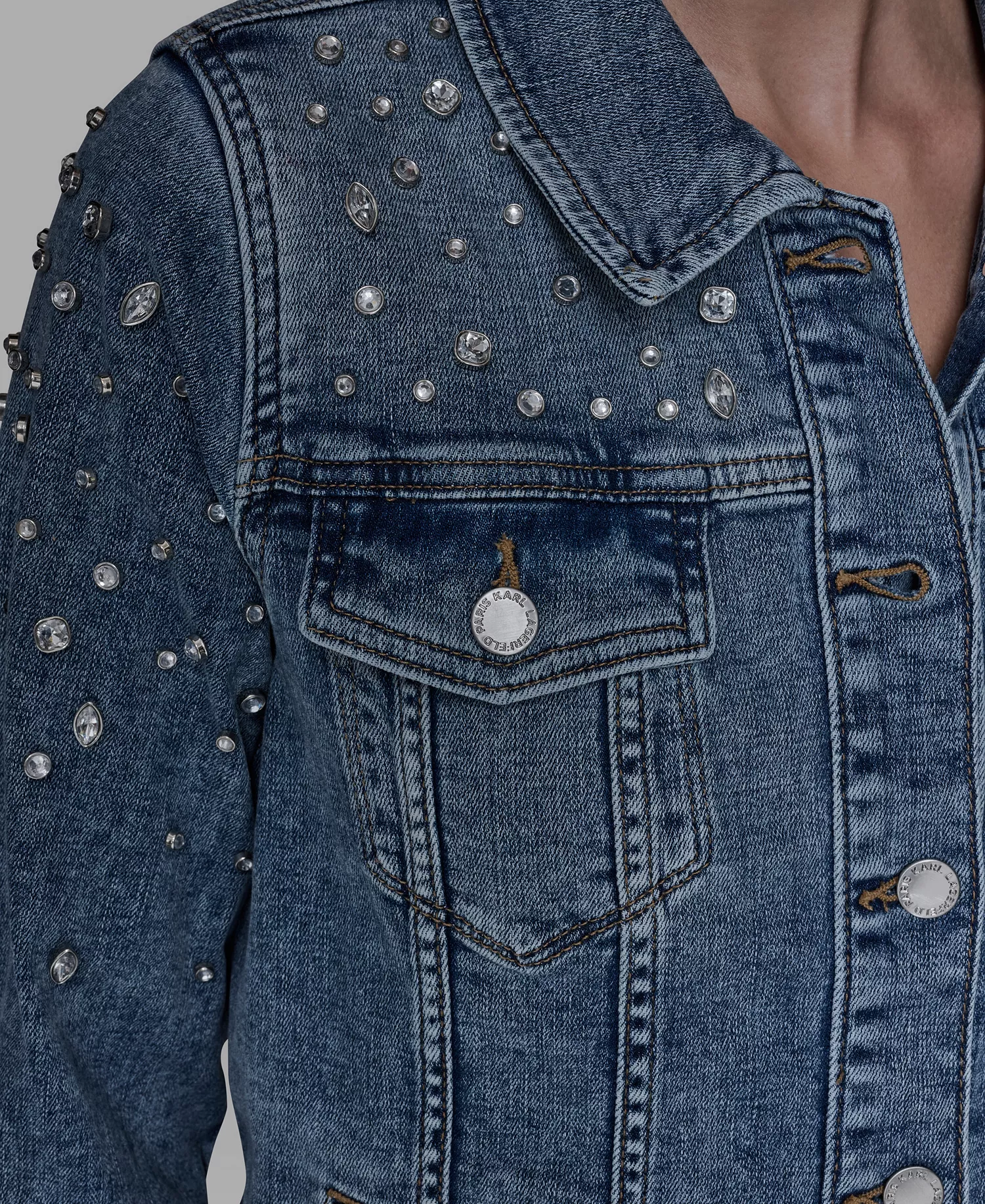Women's Button Front Embellished Denim Jacket - Blue Star - L