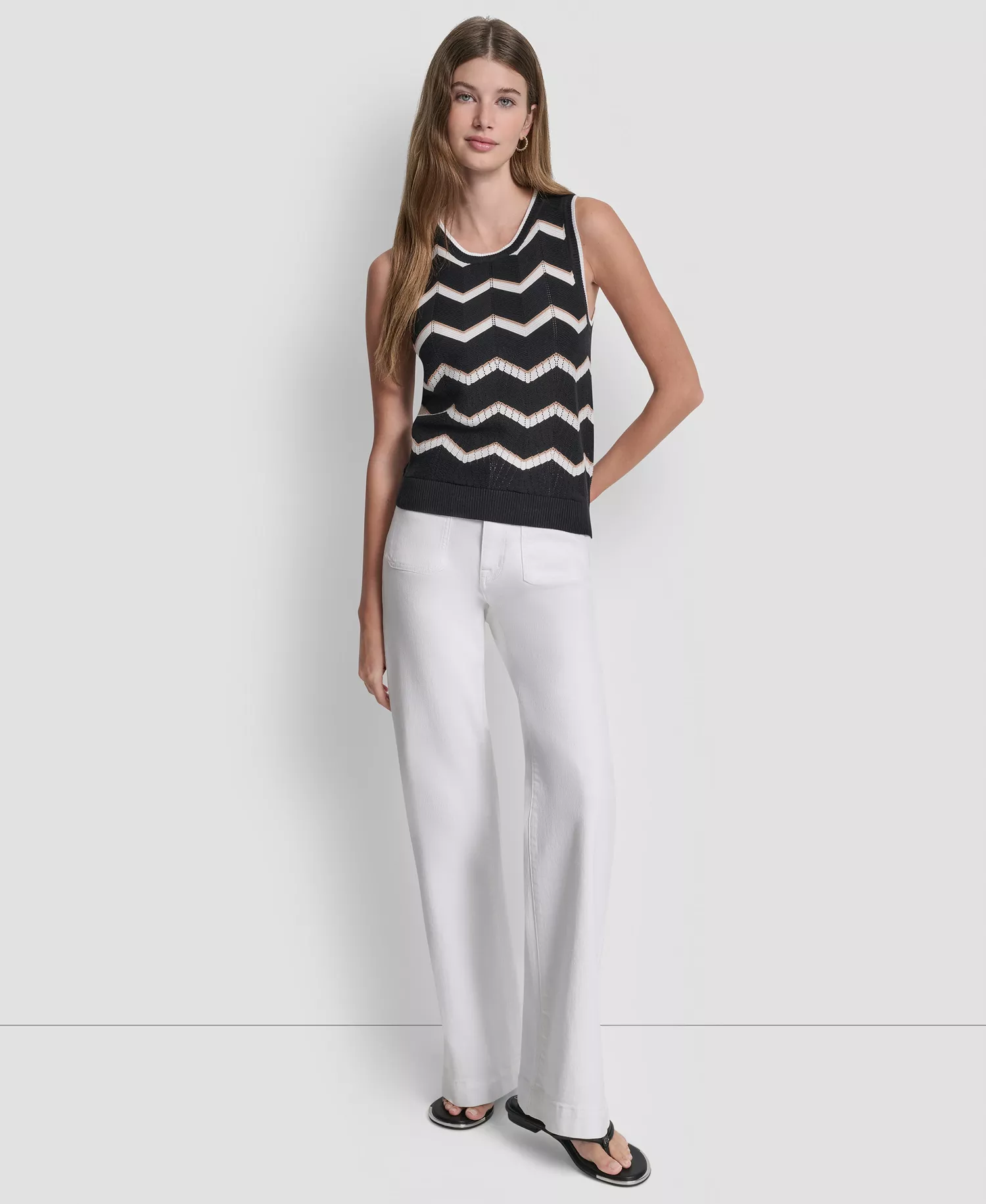 Women's Sleeveless Crew Neck Stripe Sweater - Black/ivory/teak - L