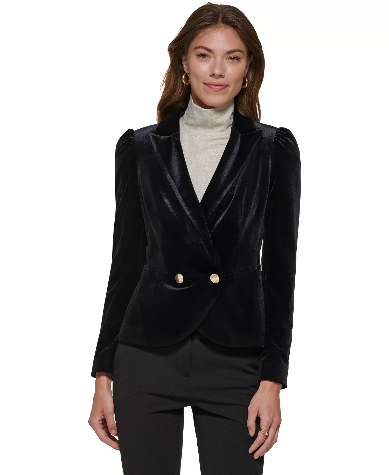 Petite Notch Collar Puff-Sleeve Velvet Jacket - Black - 14P