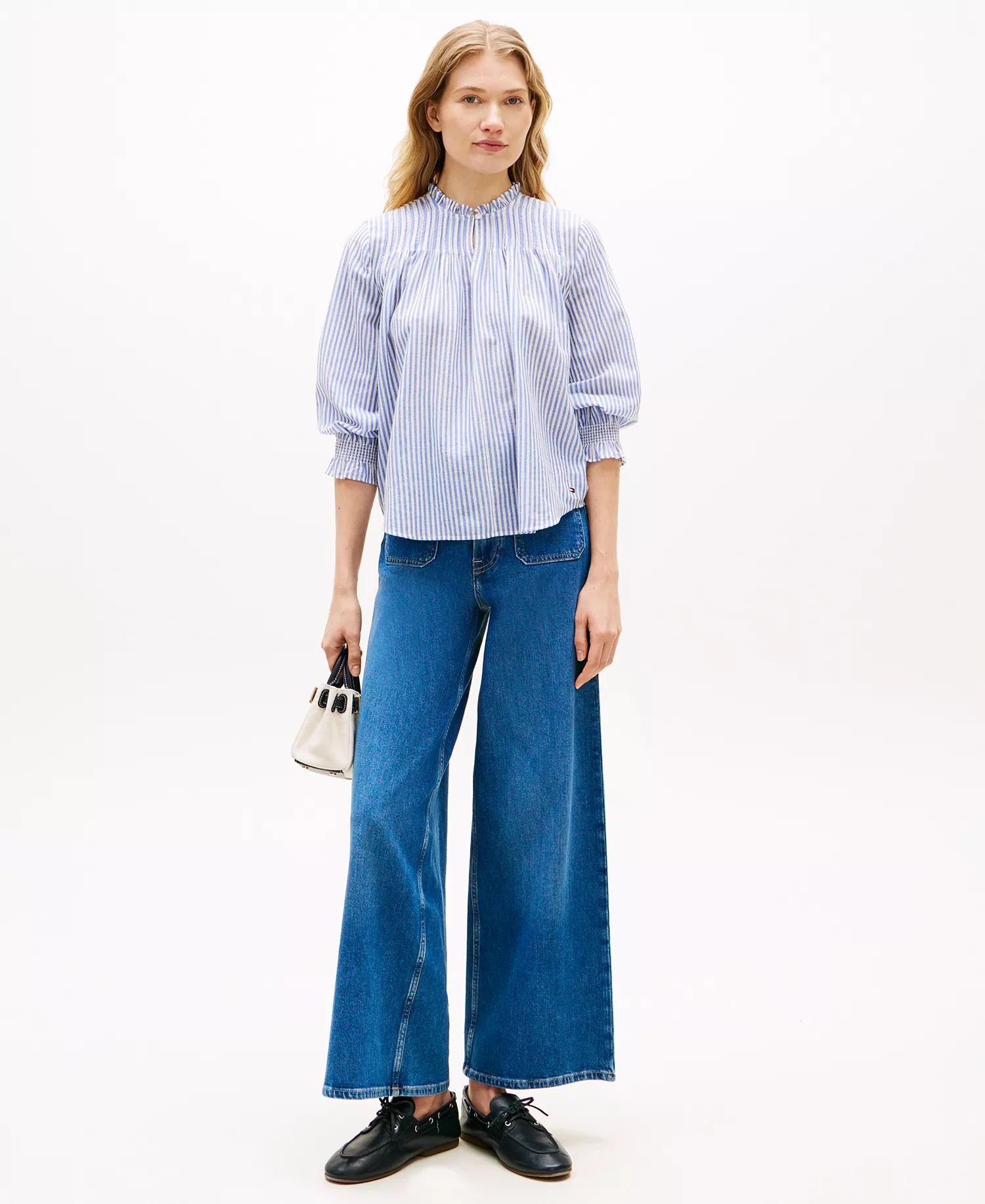 Women's Pin Tuck Cambric Ruffle Collar Blouse - Blue/white - L