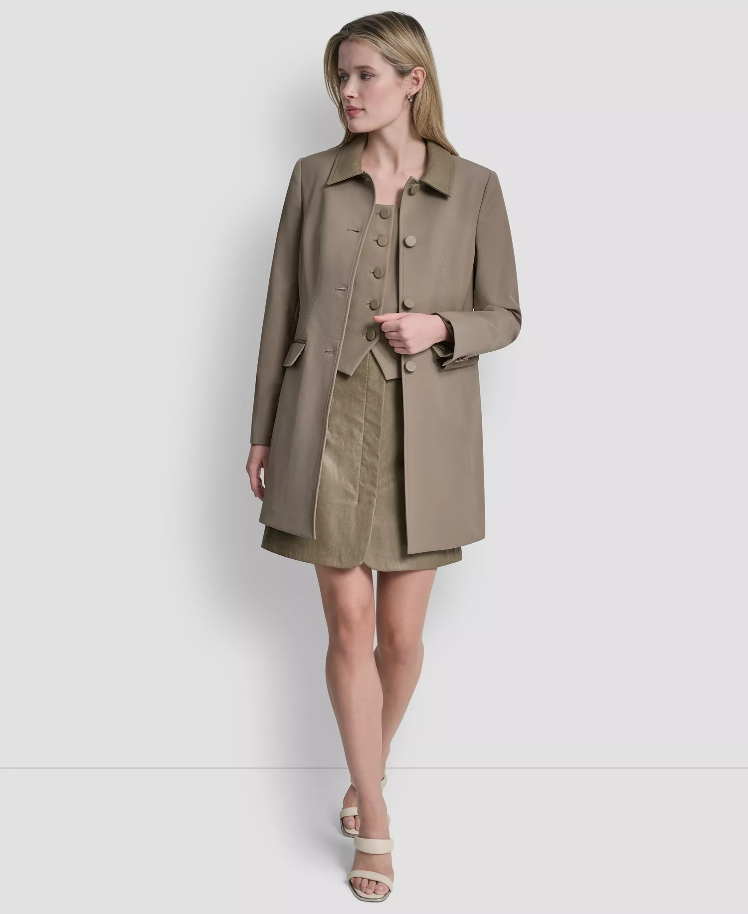 Women's Tech Sport 4-Button Topper Jacket, Techy Sport Button-Up Vest Top and Zipper Back Mini Skirt - Taupe - 0