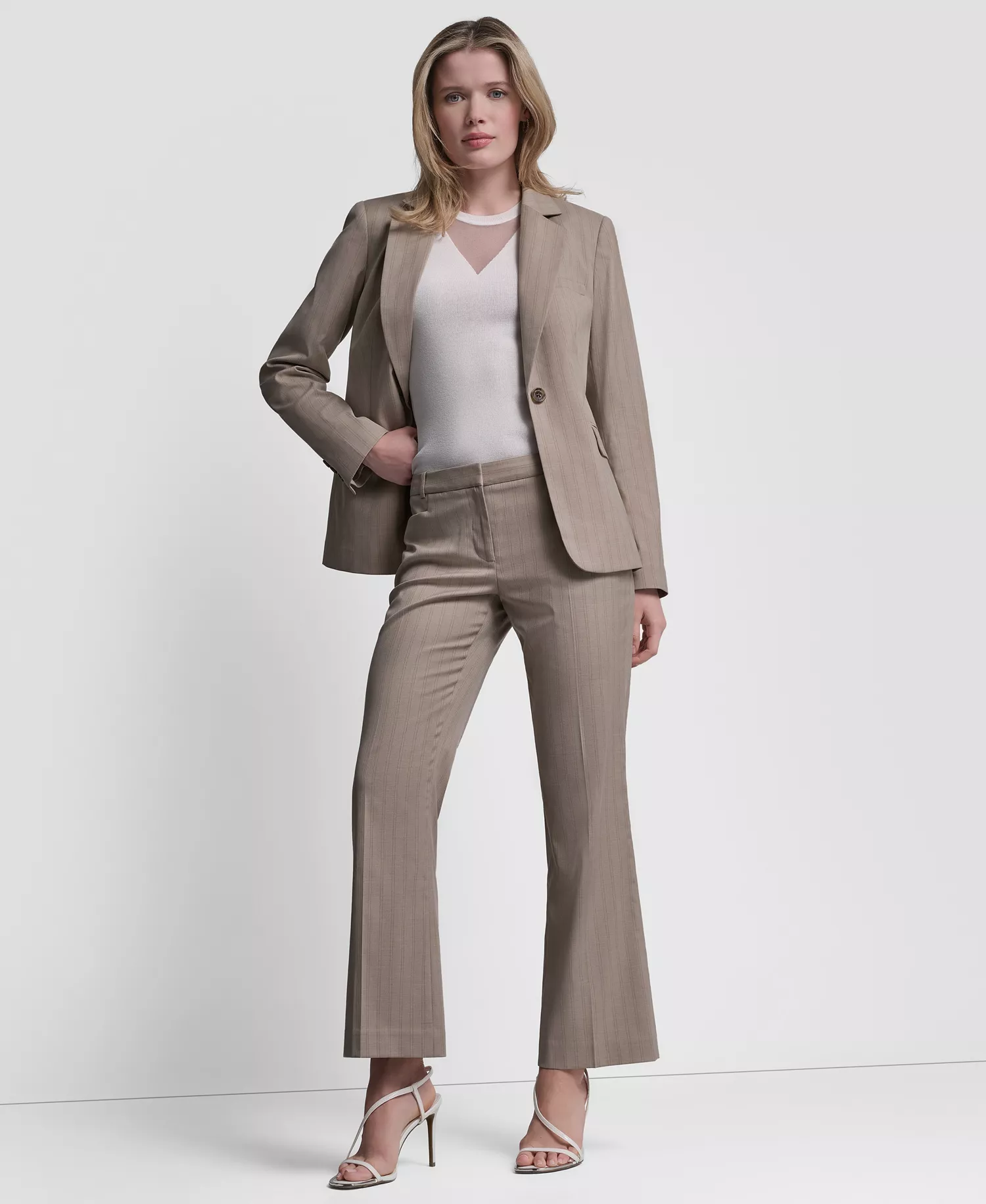 Women's Vertical Pinstripe Blazer Jacket - Pebble/Taupe Stripe - 0