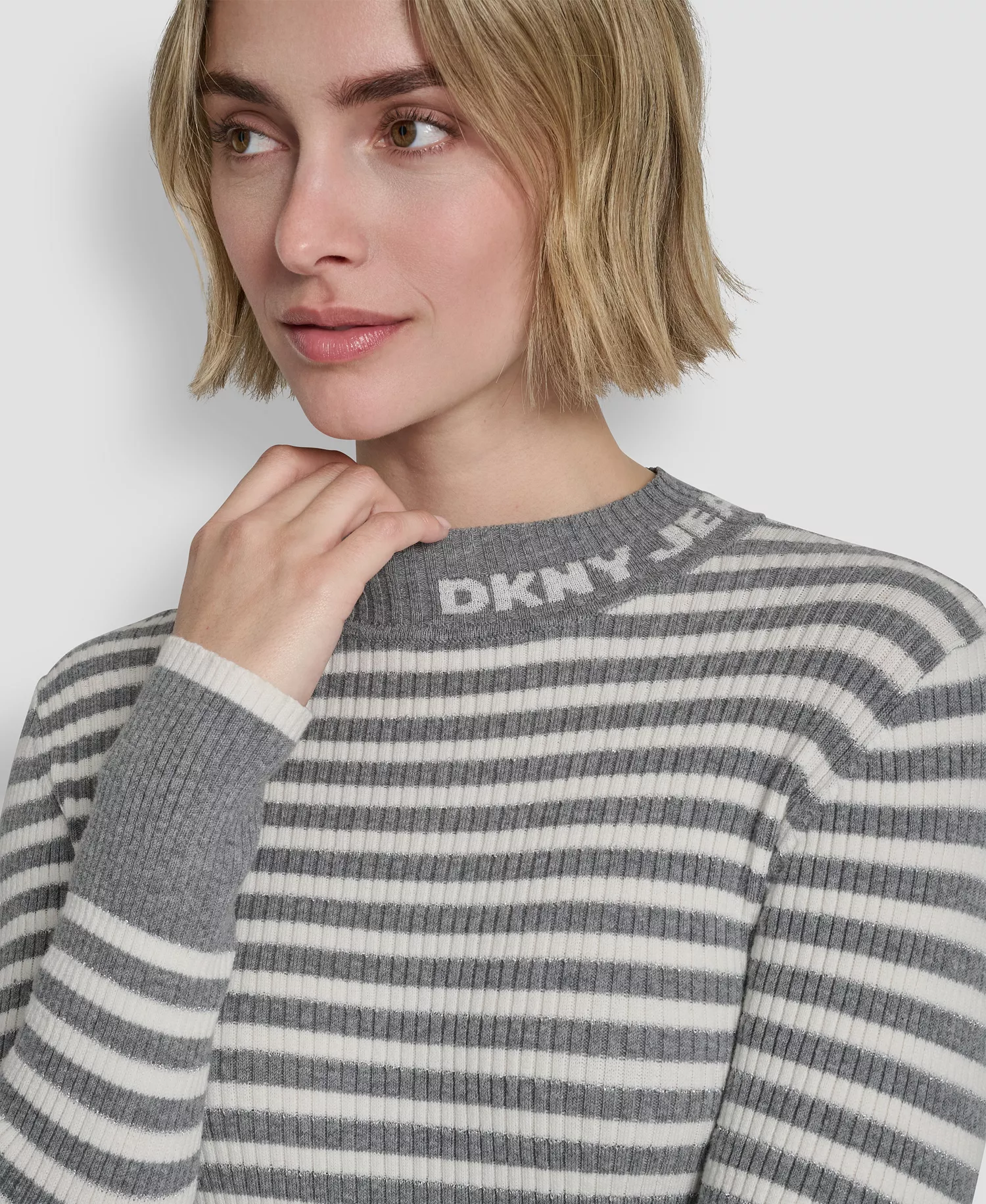 Women's Long-Sleeve Mock Neck Rib Striped Sweater - Storm Grey Heather/Ivory/Silver - L