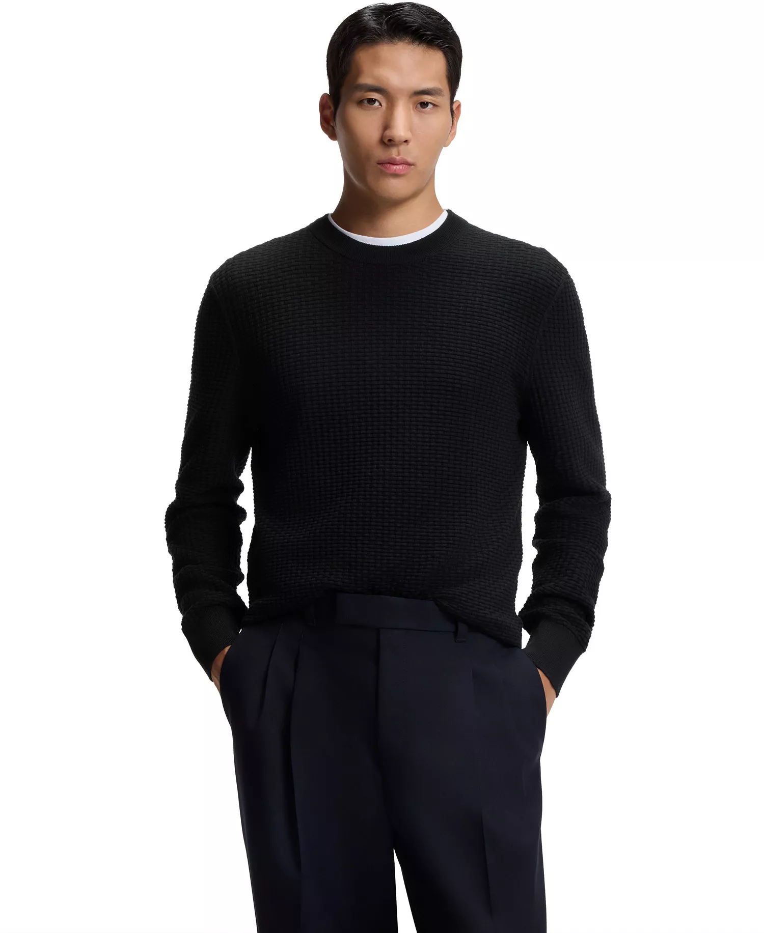 Men's Knitted Structure Cotton Sweater - Black - L