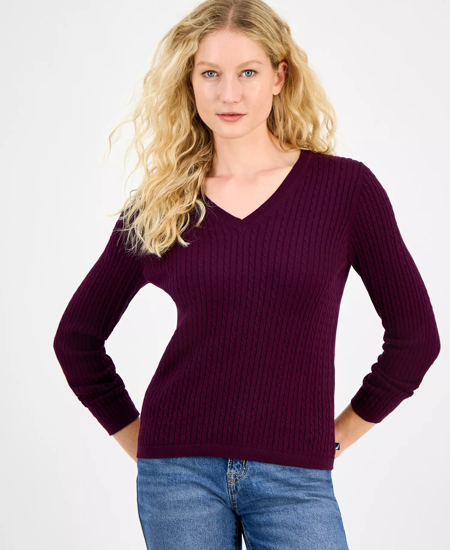 Nautica Women's V-neck Cable Knit Sweater, Online Only - Aubergine - L