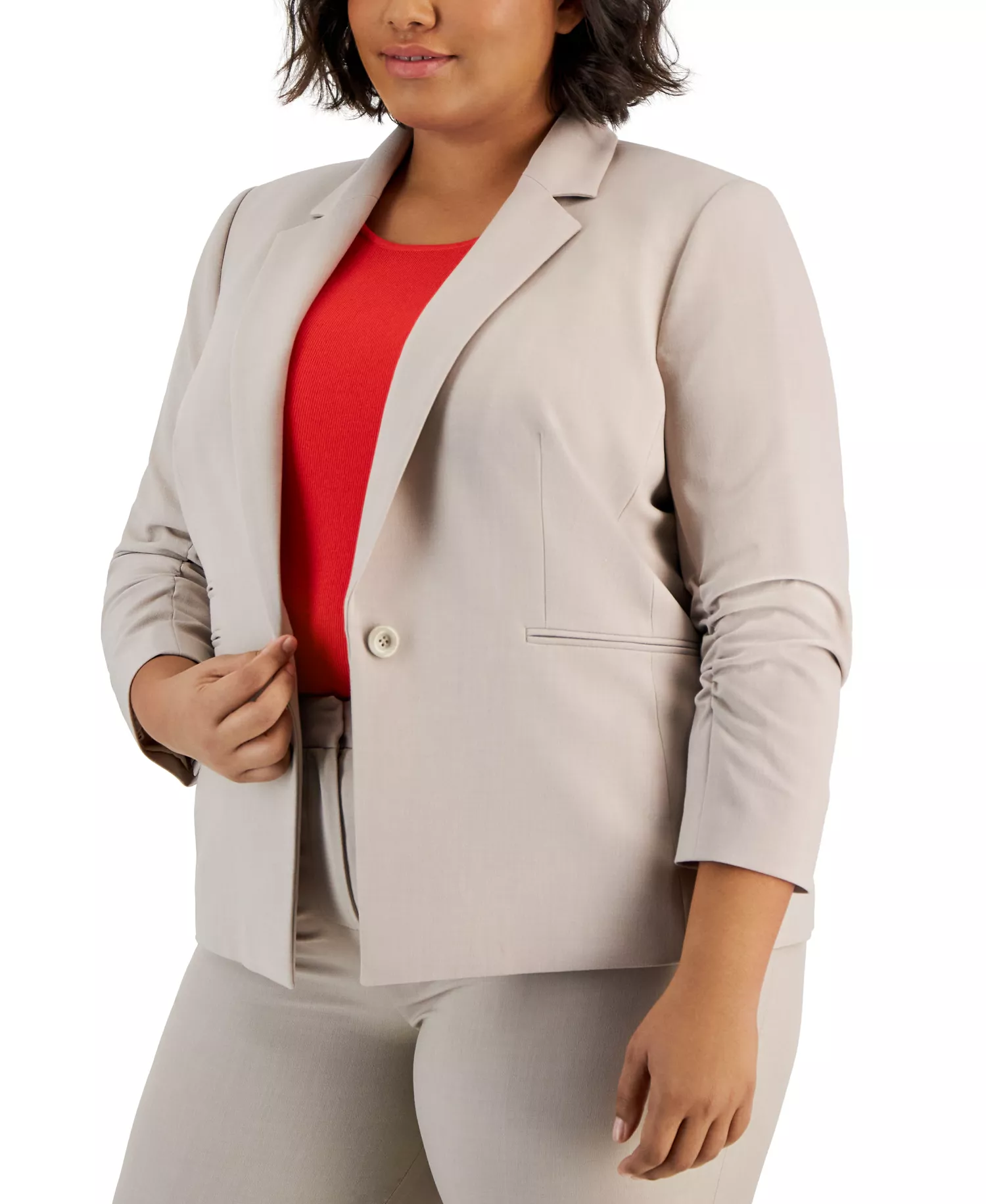 Plus Size Notched Collar Ruched-Sleeve Blazer - Sand - 14W