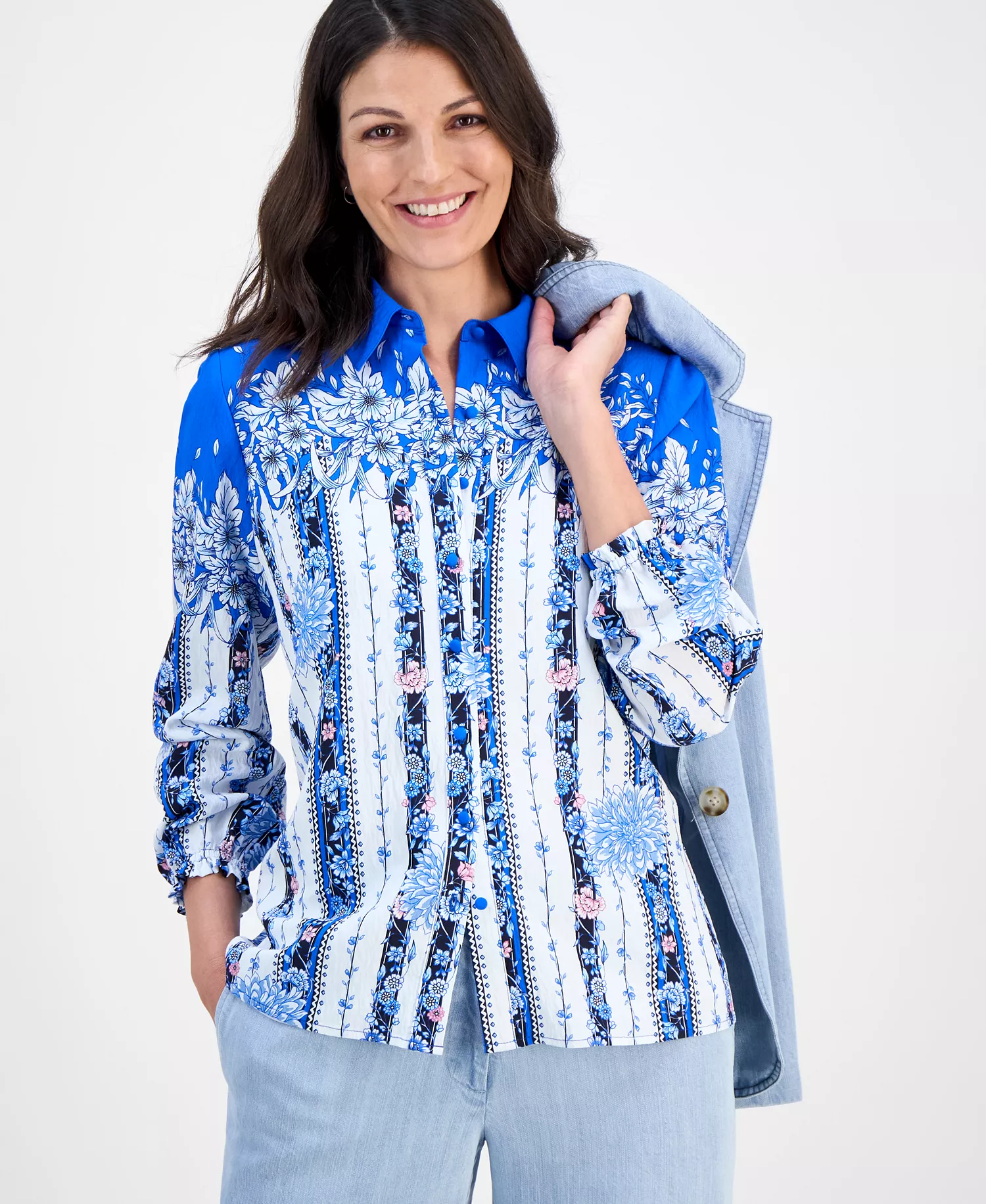 Women's Placed-Floral Button-Down Blouse - Sky Forest - L
