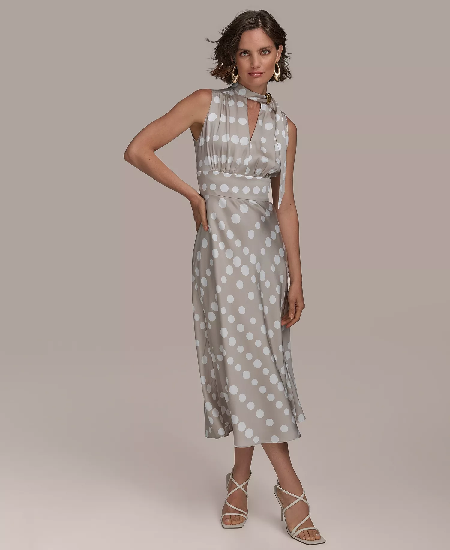 Women's Dot-Print Tie-Neck A-Line Dress - Clay Cream - 10