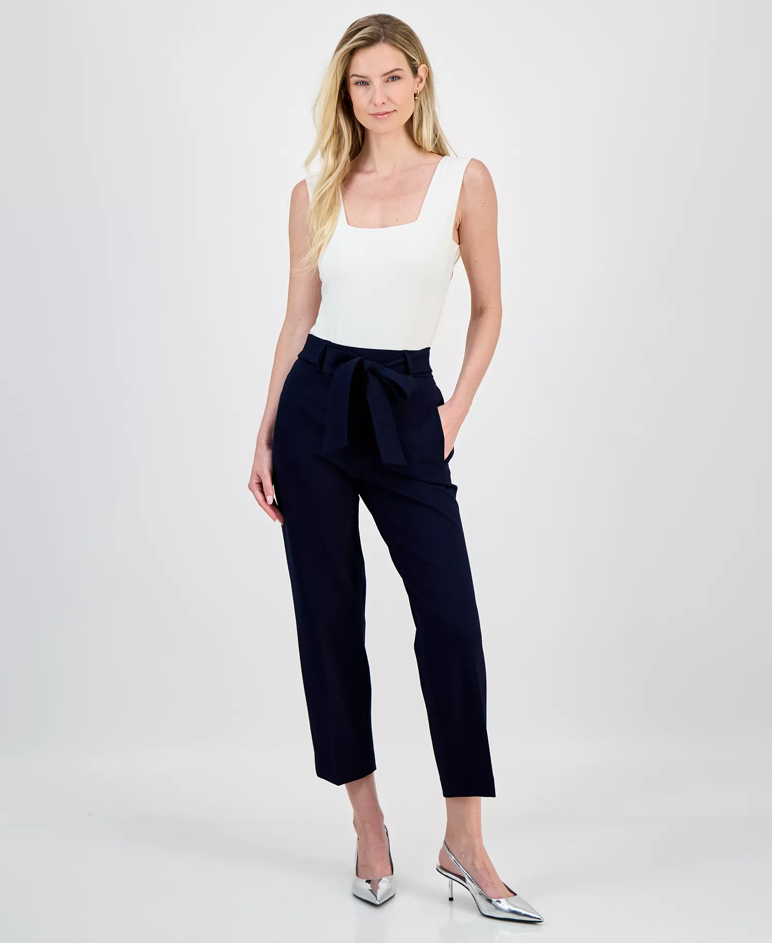 Women's Compression Tie Front Capris Pants, Created for Macy's - Bar Navy - L