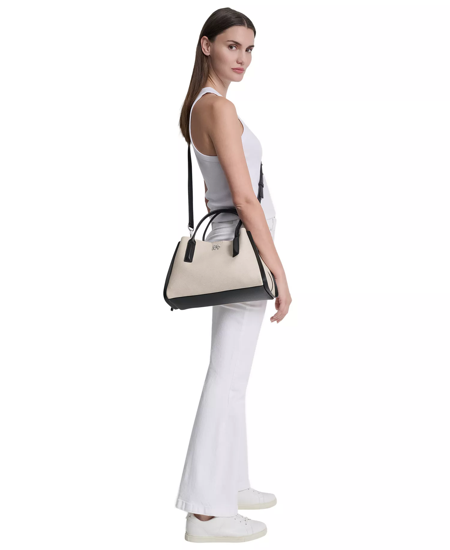 Josie Medium Snap Closure Satchel Bag - Natural/Black - No Size