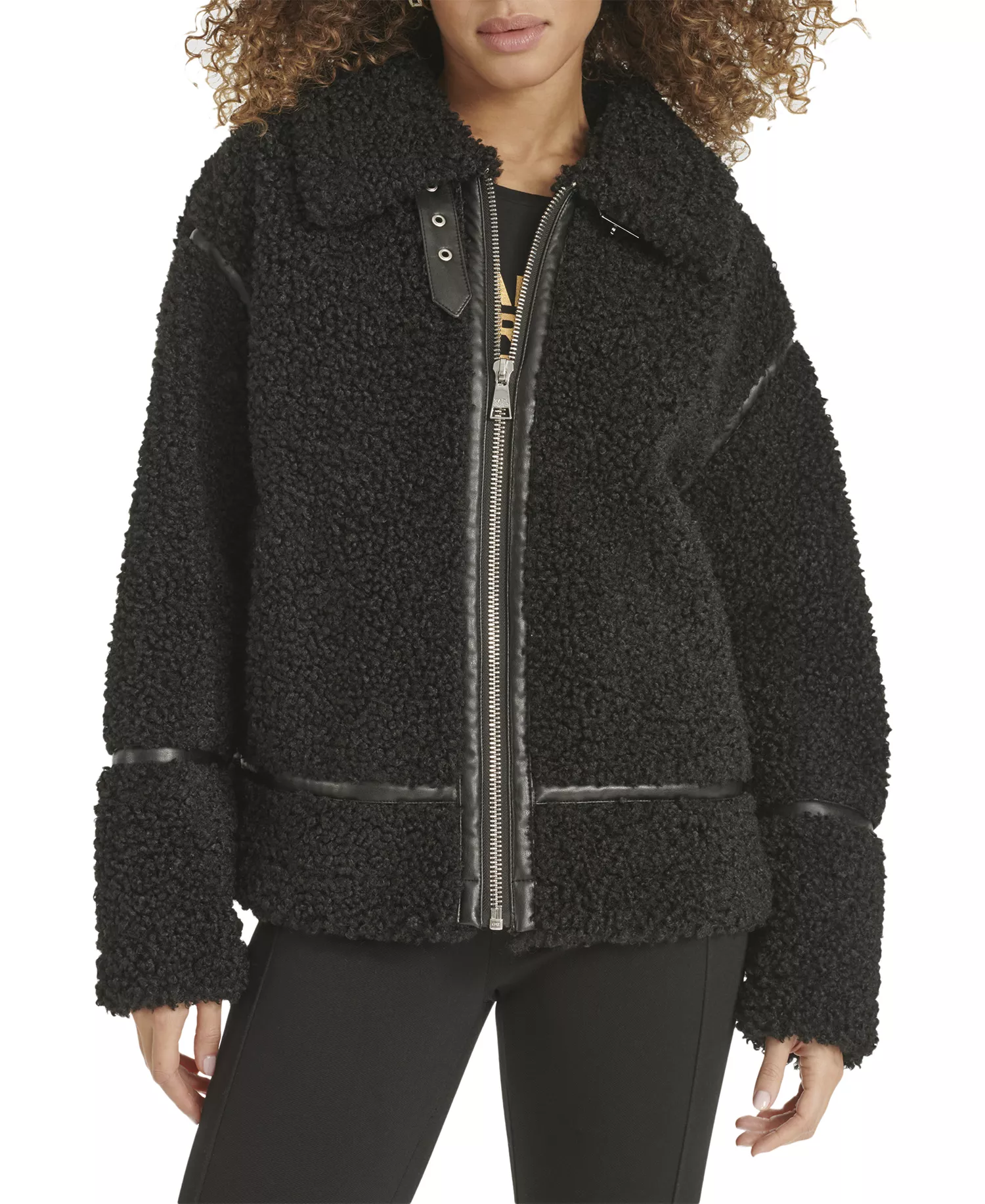 Women's Faux-Leather-Trim Teddy Moto Coat - Black - L