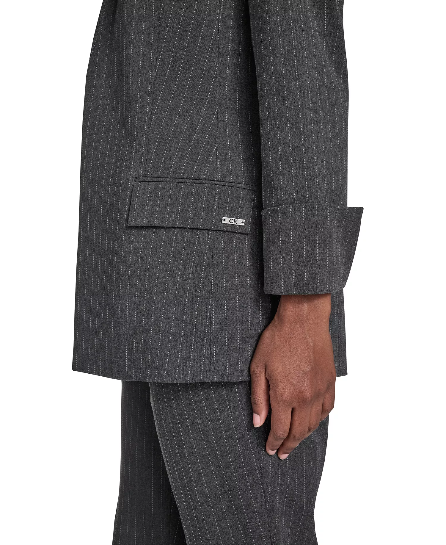 Petite Pinstripe Pattern Rollback Cuff Open Front Jacket - Heather Charcoal Multi - 2P