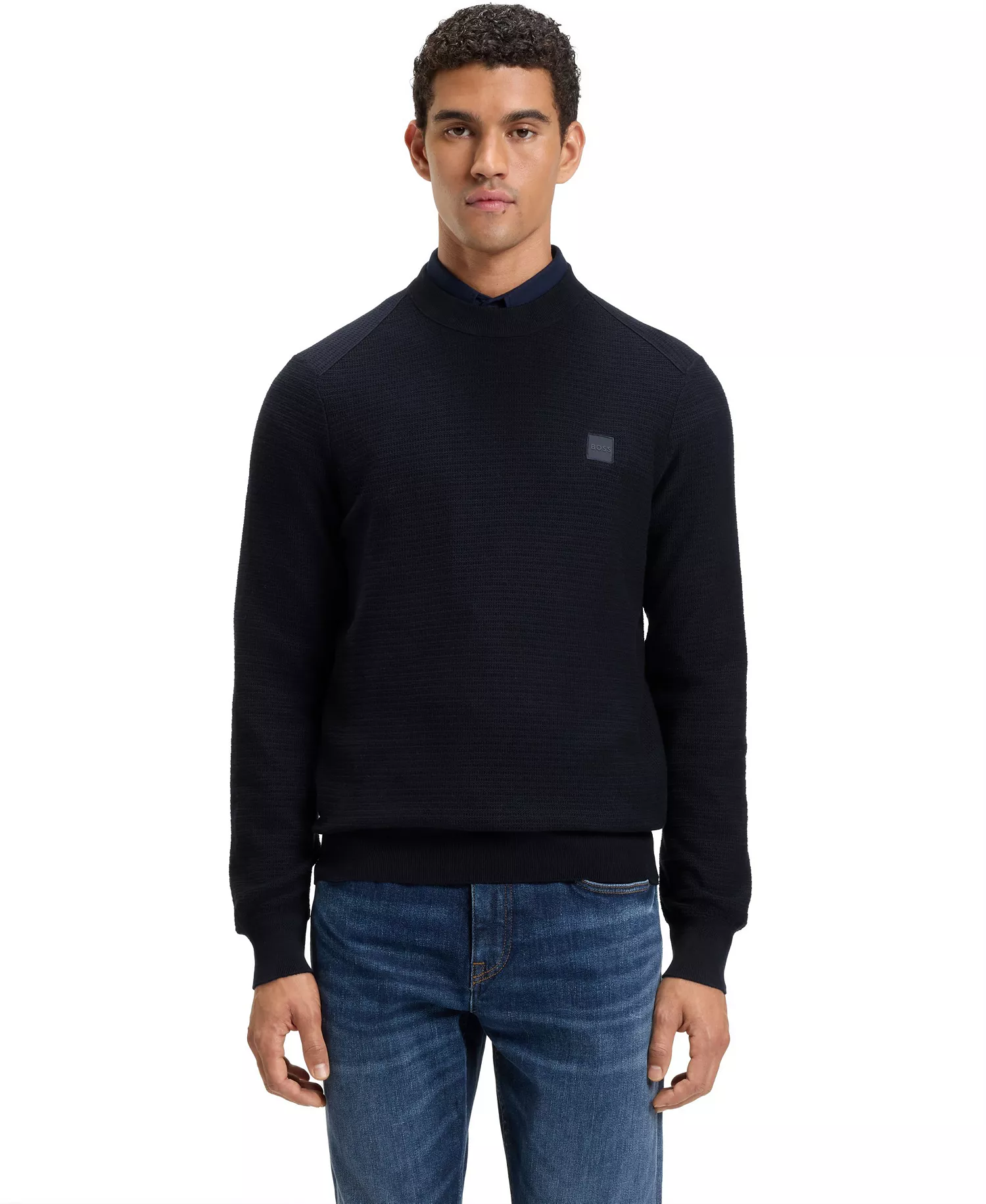 Men's Cashmere Cotton Logo Patch Structured Sweater - Dark Blue - L