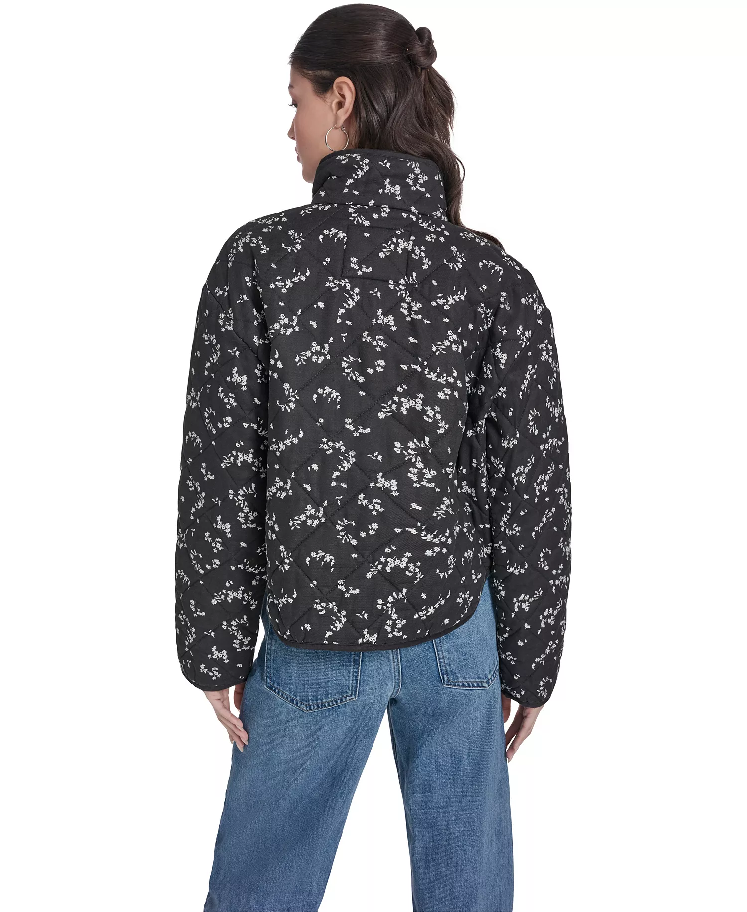Women's Quilted Short Liner Zipper Jacket - Black / White Floral - L