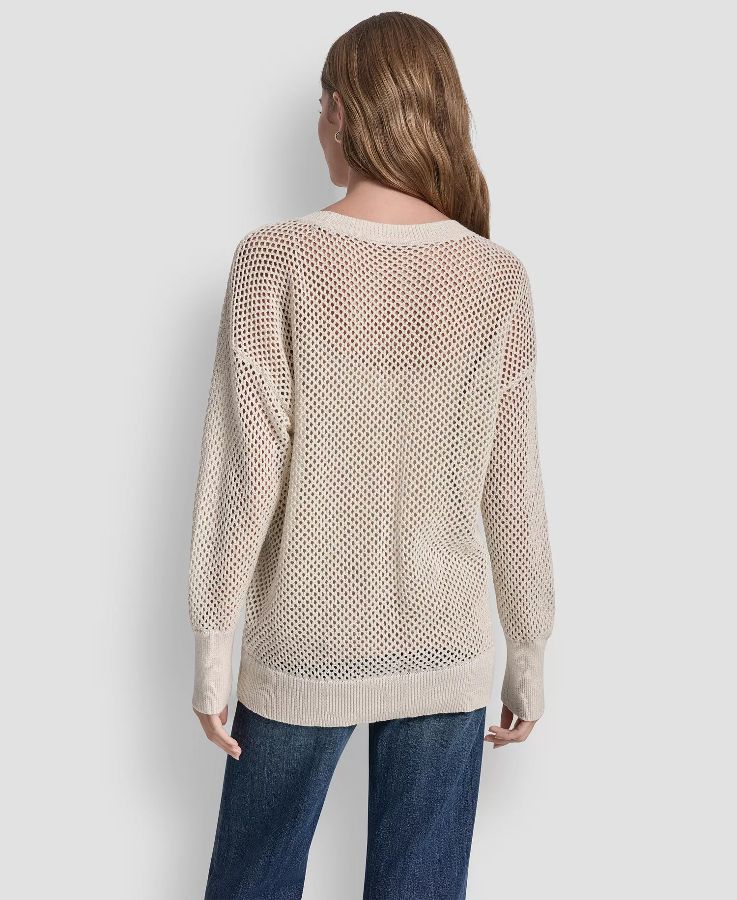 Women's Long-Sleeve V-Neck Open Stitch Lurex Sweater With Logo Charm - Eggnog/Silver - L