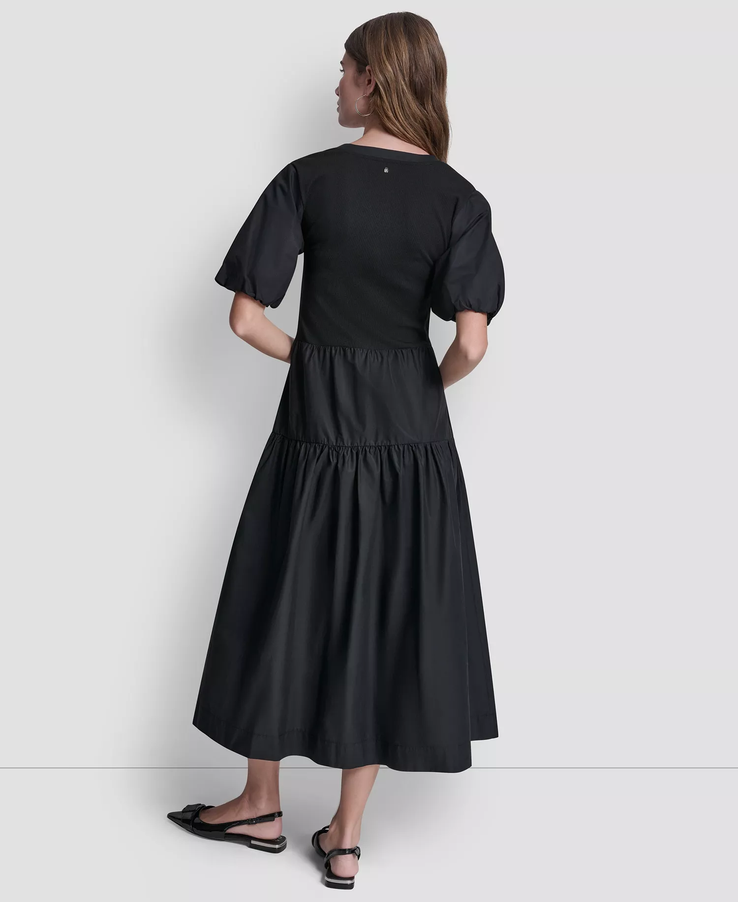 Women's Rib Henley Puff-Sleeve Midi Dress - Black - L