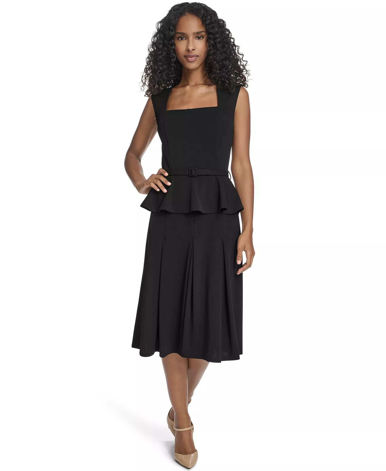 Women's Square-Neck Belted Midi Dress - Black - 10