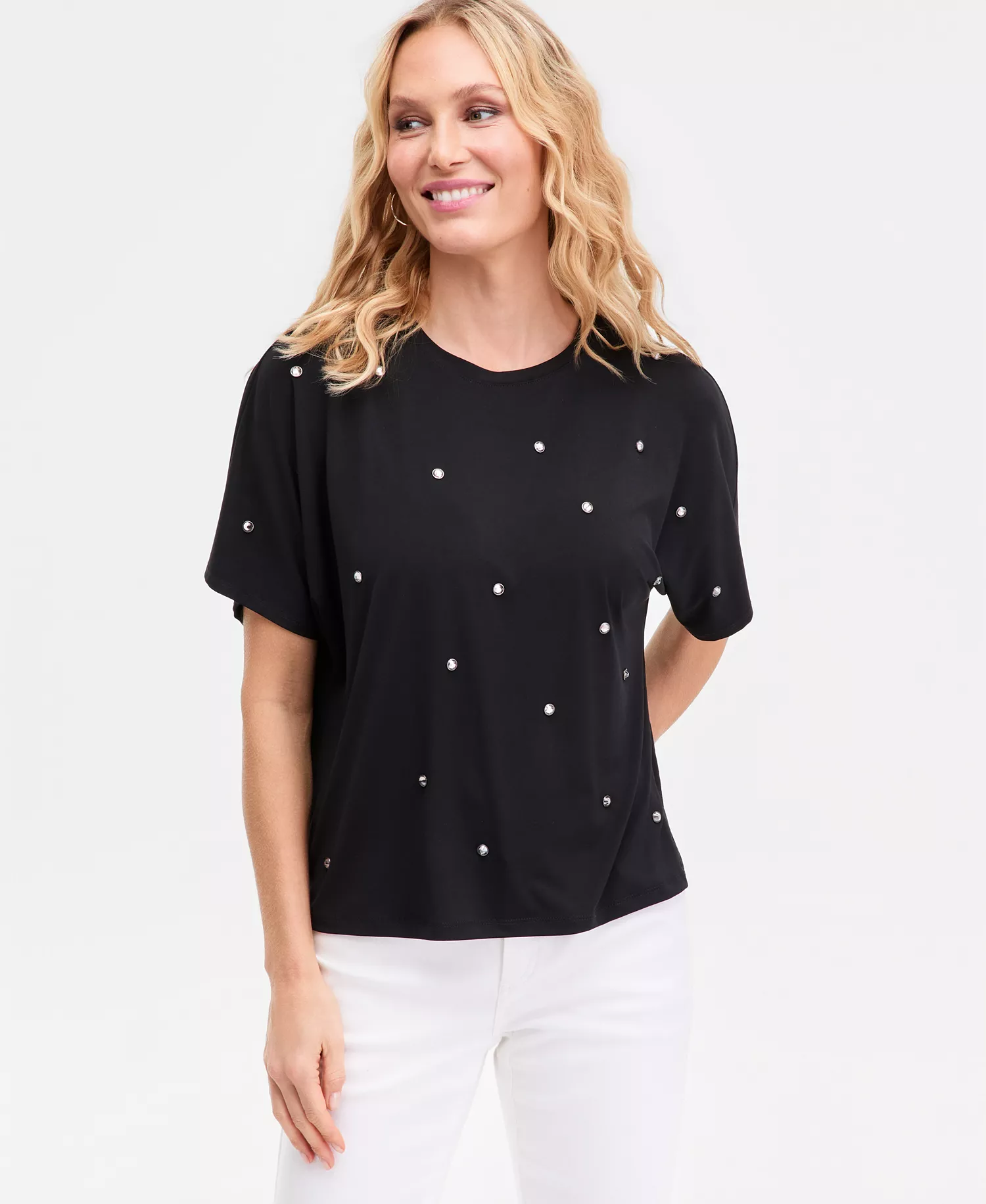 Women's Short Sleeve Crystal Embellished T-Shirt, Macy's Exclusive - Deep Black - L