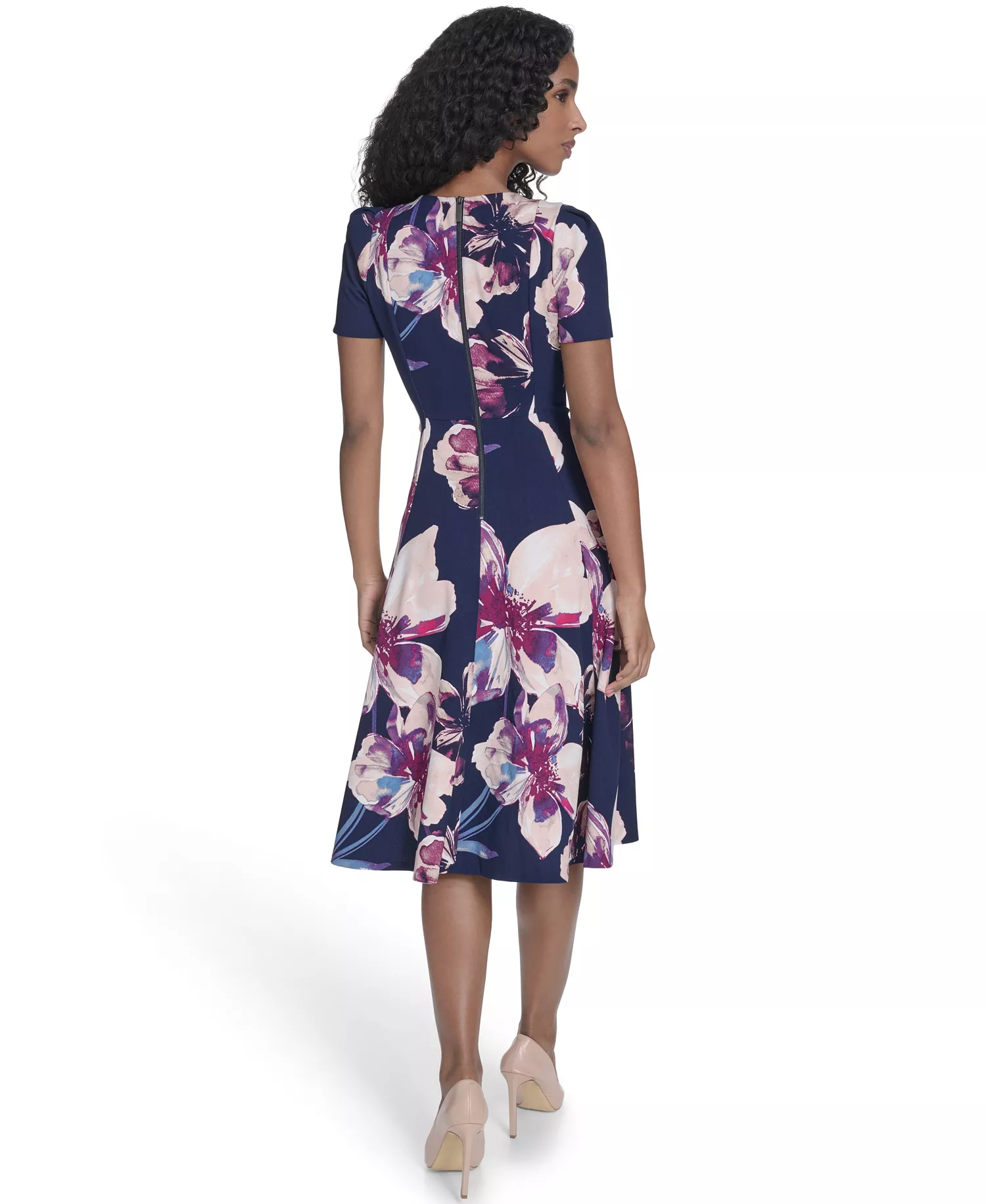 Petite Short-Sleeve Crepe Dress - Indigo Multi - 0P