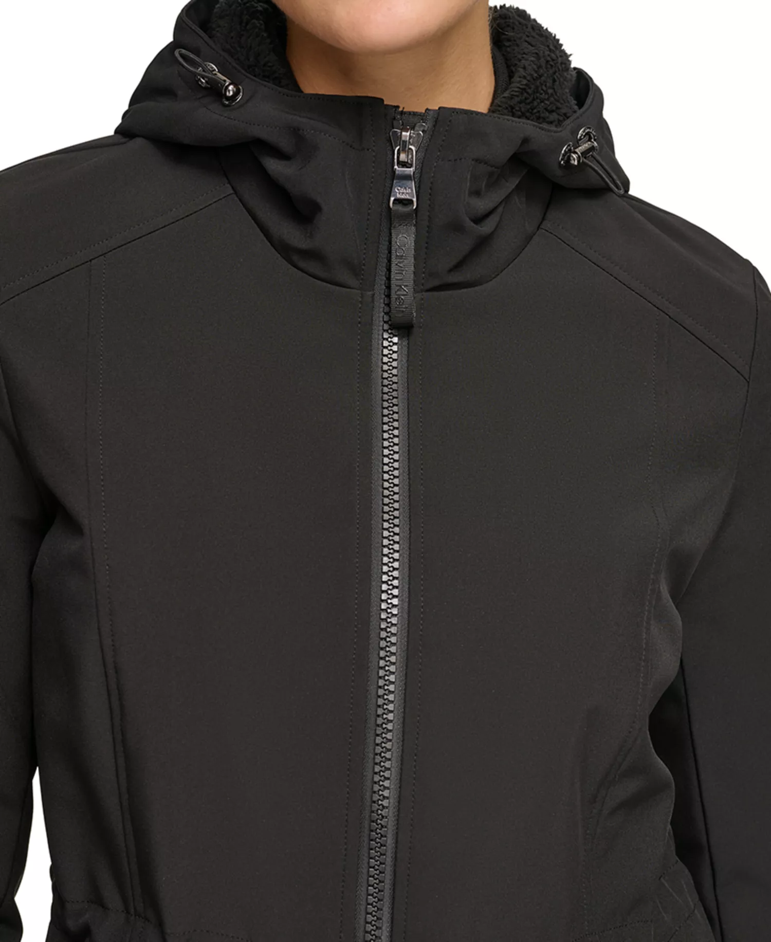 Womens Hooded Faux-Fur-Lined Anorak Raincoat - Black - L