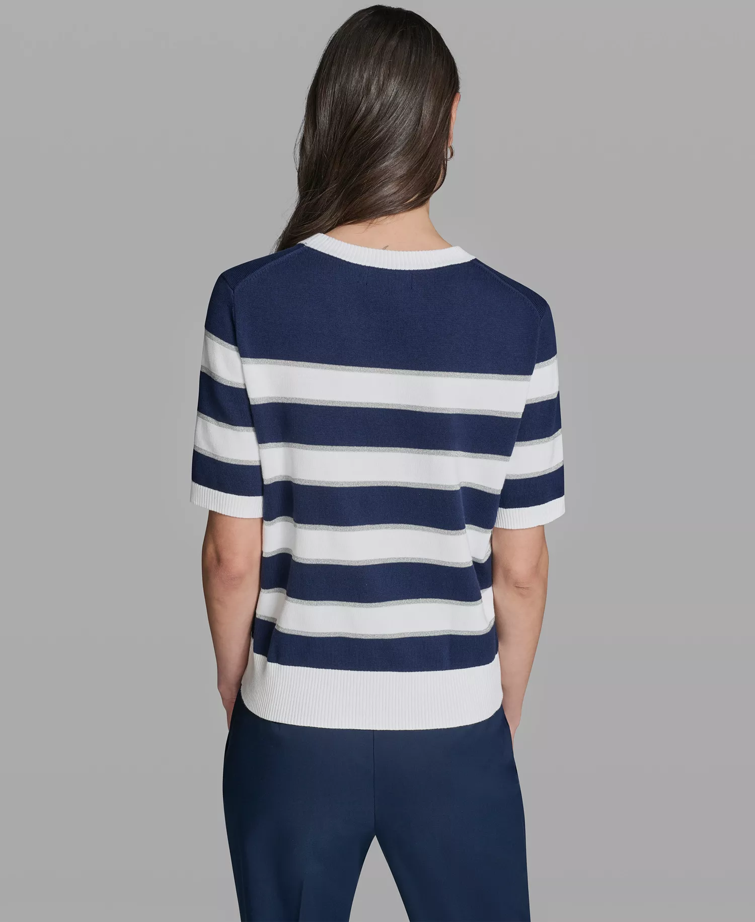 Women's Short-Sleeve Crewneck Sequin Stripe Sweater - Navel Academy/soft White - L