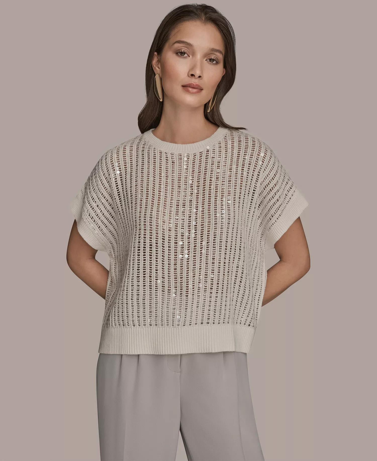 Women's Short-Sleeve Crewneck Sweater - Cream - L