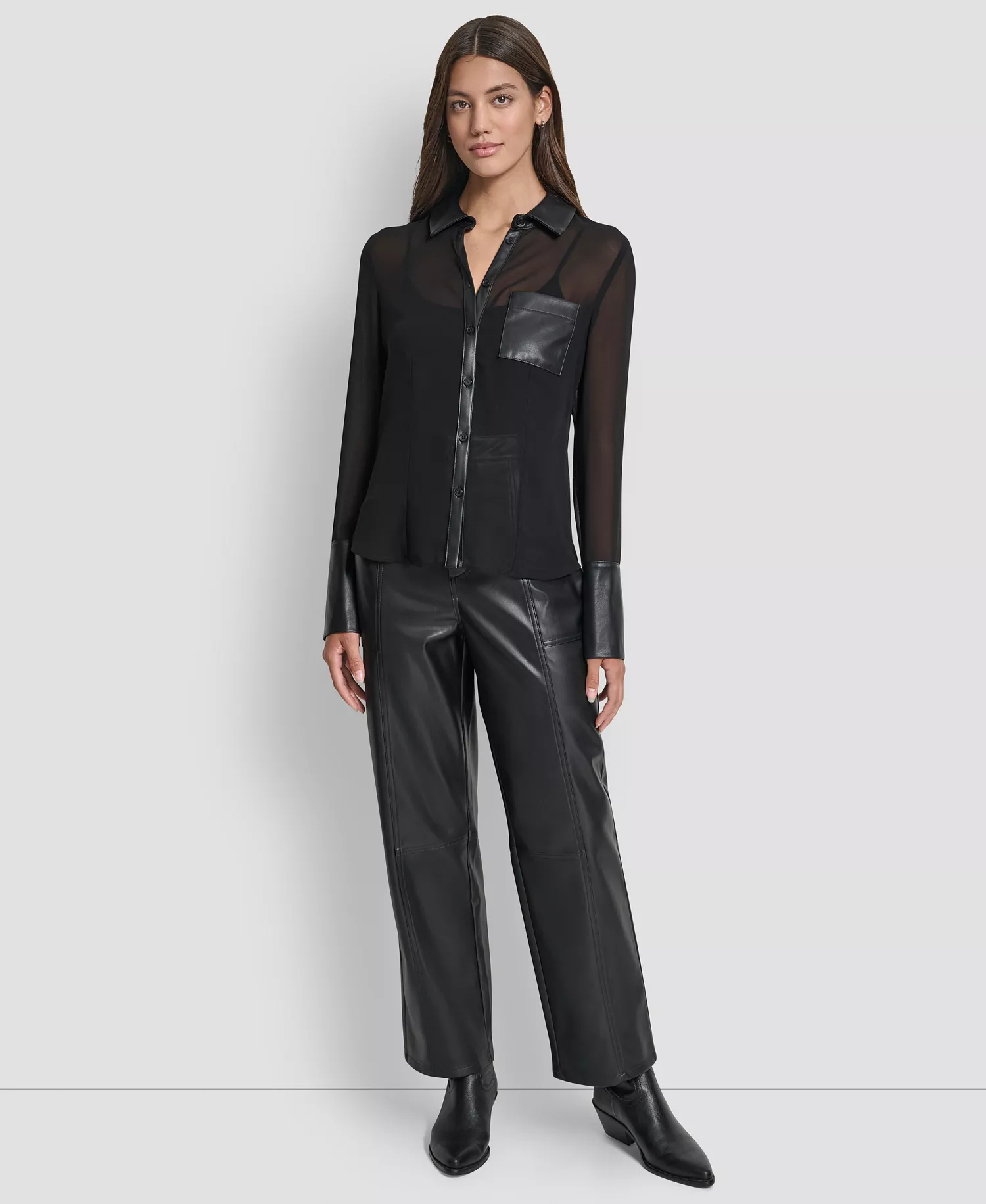 Women's Faux-Leather Trim Sheer-Mesh Shirt - BLK - BLACK - L