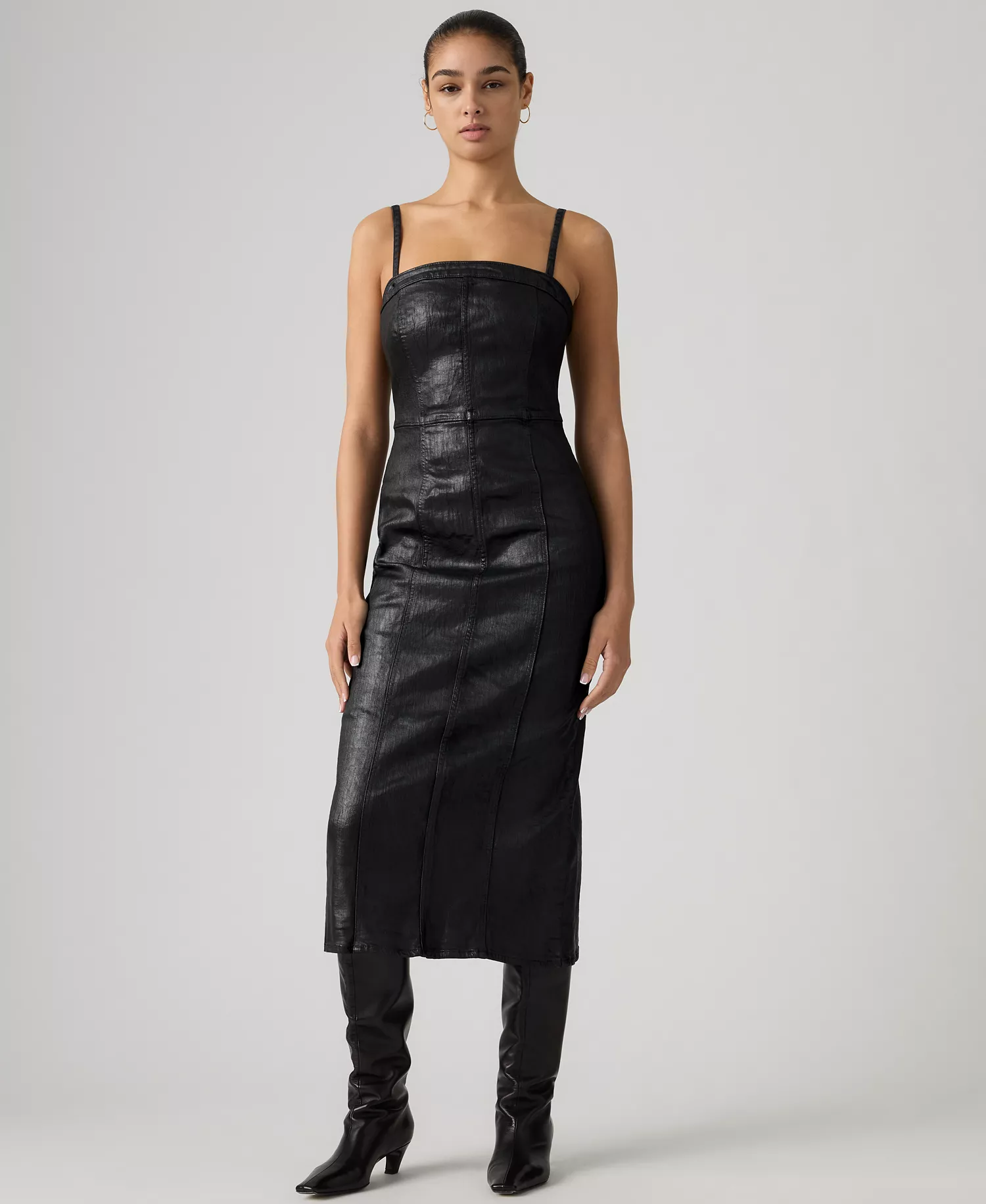 Premium Women's Coated Seamed Bustier Denim Midi Dress - Prize Fight - M