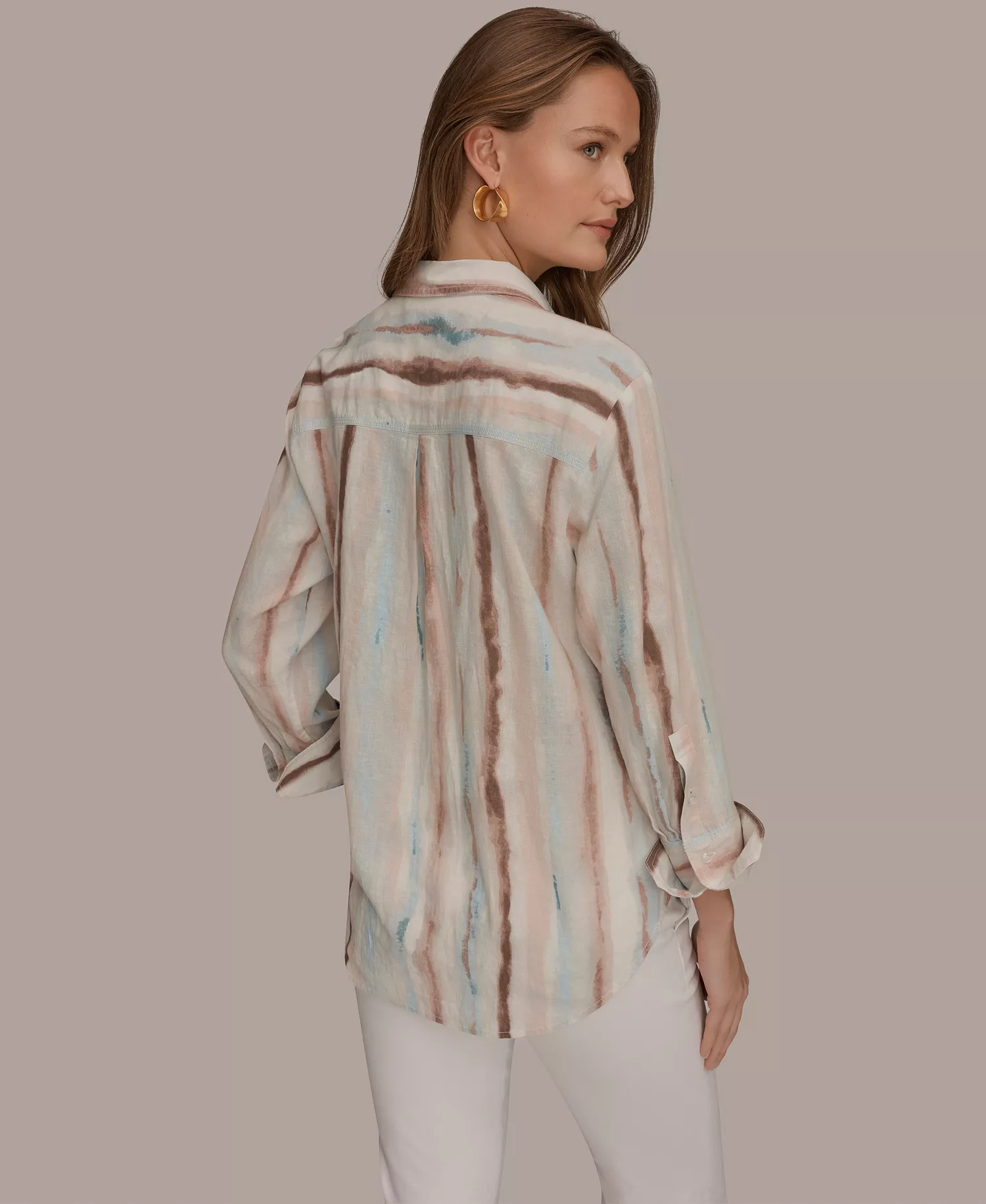 Women's Long-Sleeve Button-Down Shirt - Watercolor Stripe Print - L