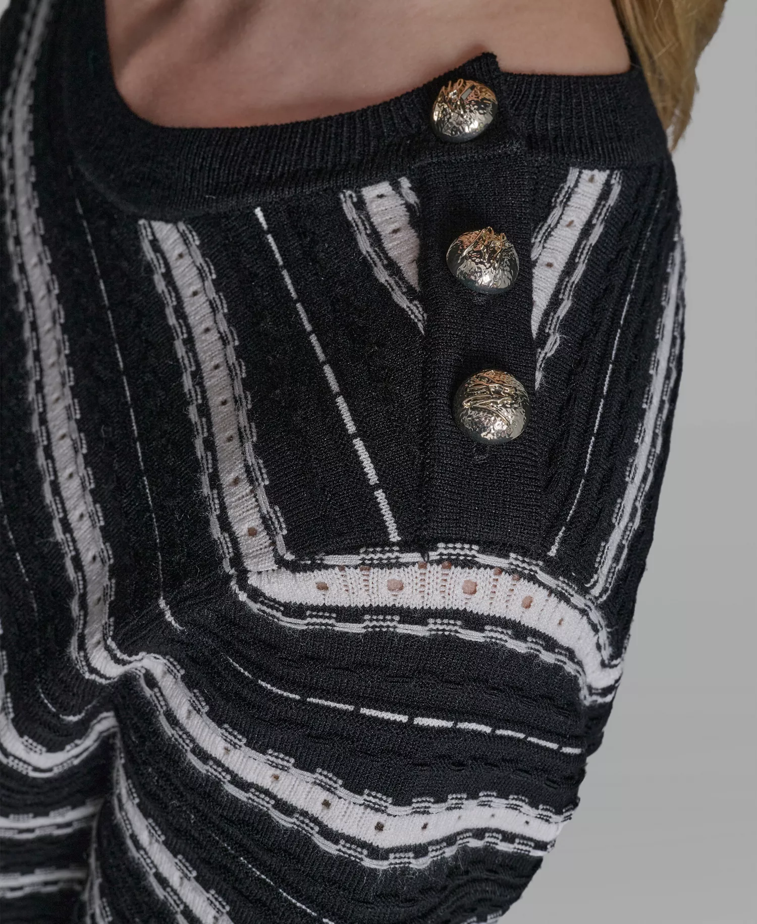 Women's Striped Crew Neck Pointelle Sweater - Black/bisque - L