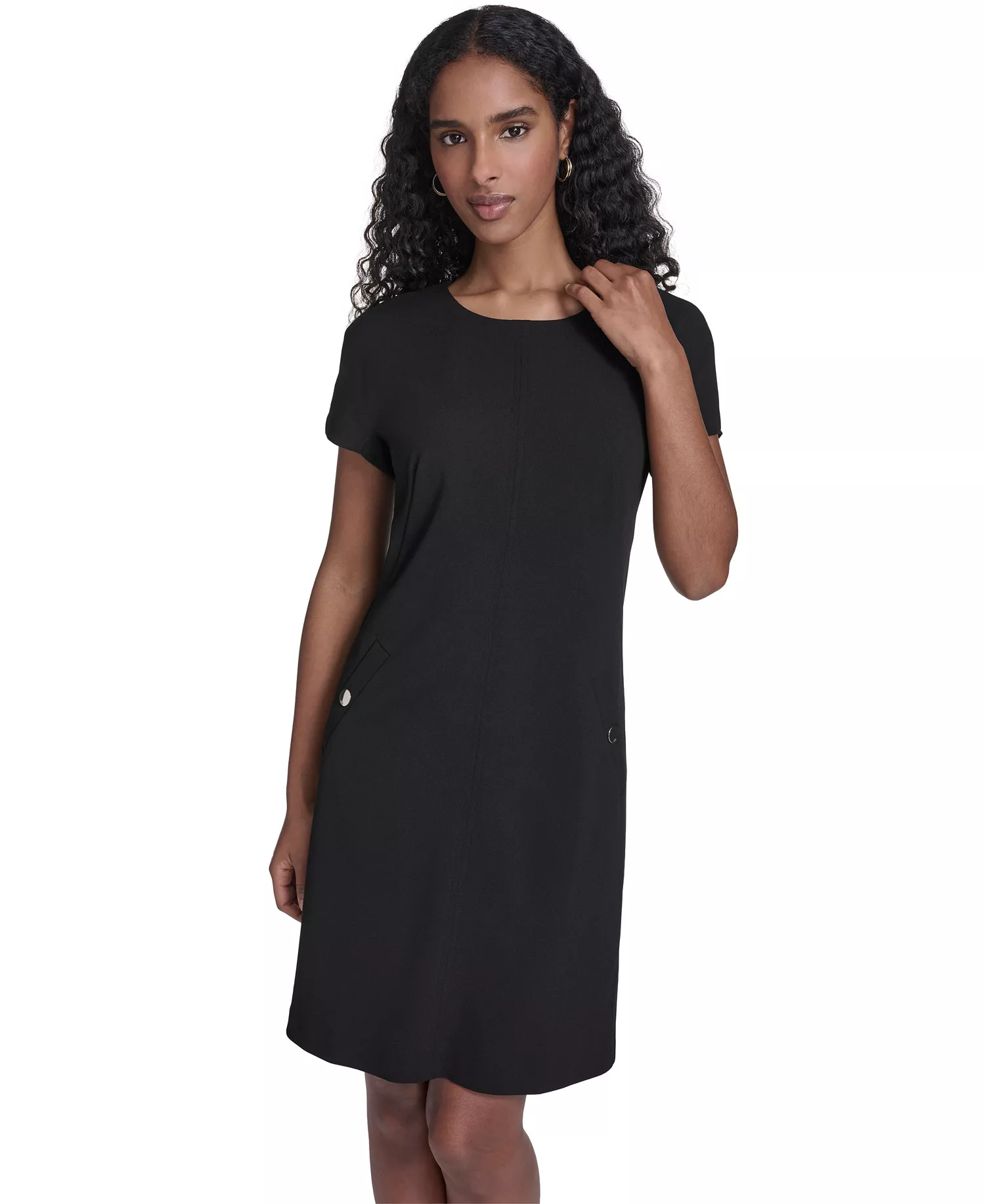 Women's Button-Trim Shift Dress  - Black - 10