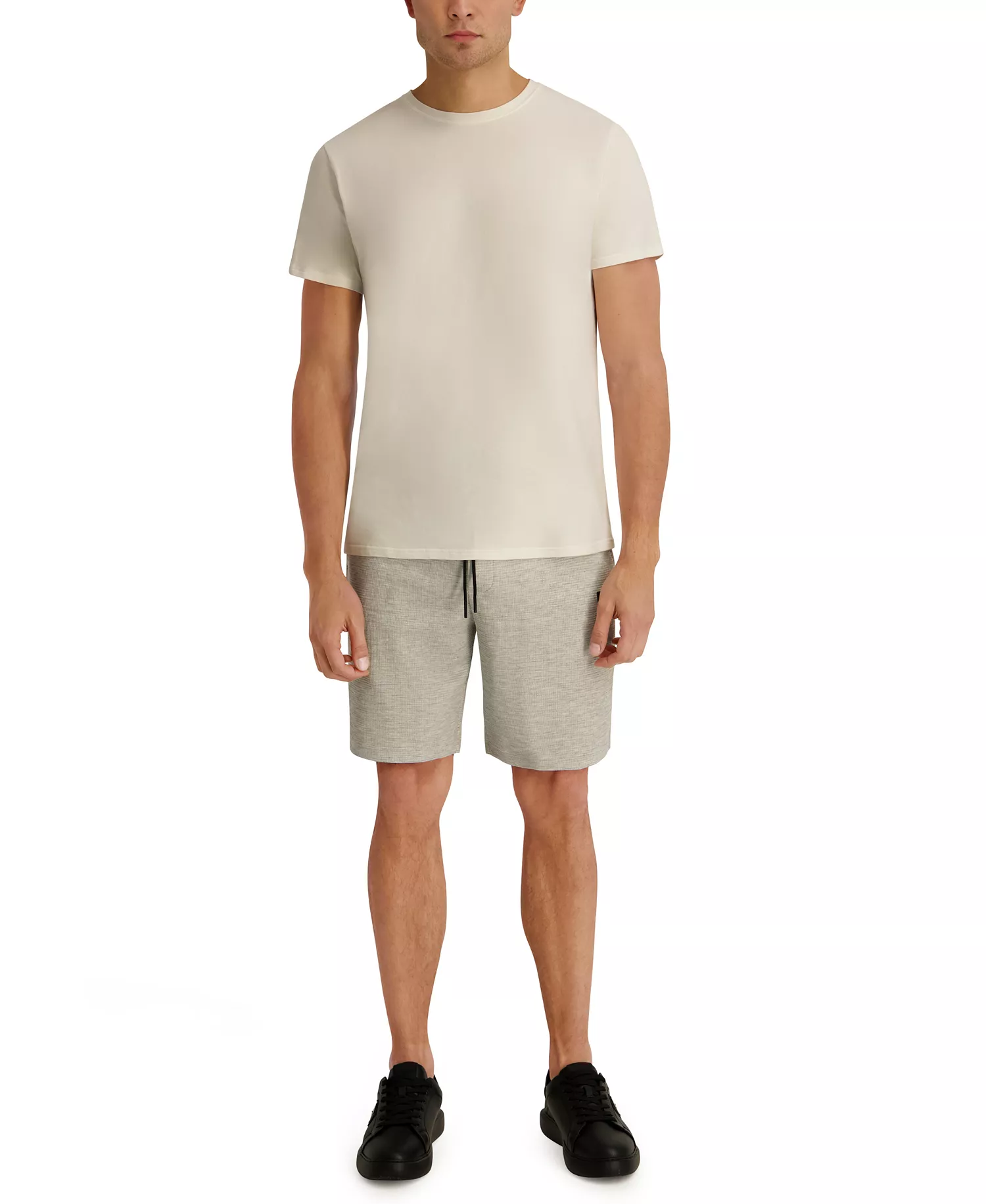 Men's Striped Waffle Drawstring Short with Leather Logo Patch - Gray Heather - 2XL