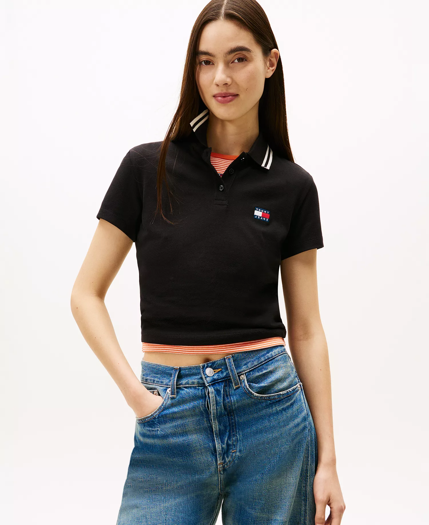 Women's Slim Badge Short-Sleeve Polo Top - Black - L