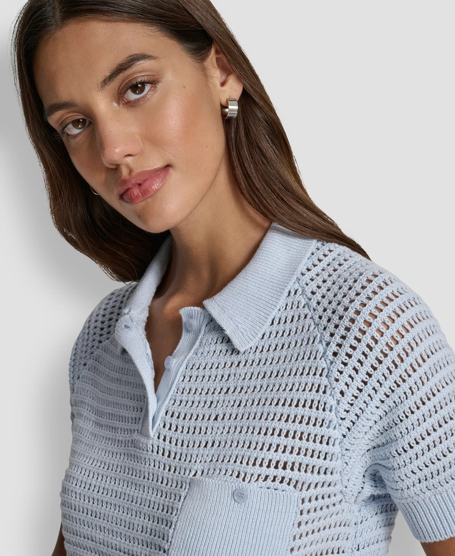 Women's Short-Sleeve Polo Collar Faux Crochet Stitch Sweater - Frost Blue - L