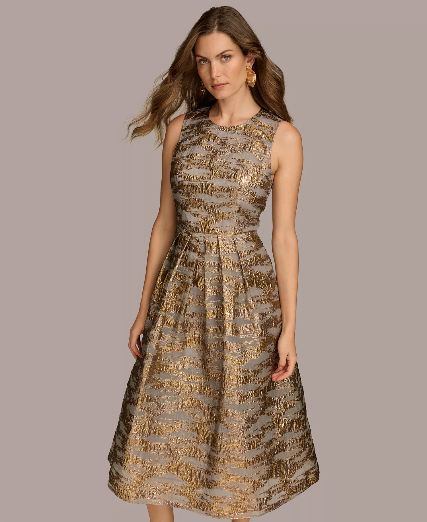 Women's Sleeveless Pleated Brocade Organza Midi Dress - Gilded Multi - 10