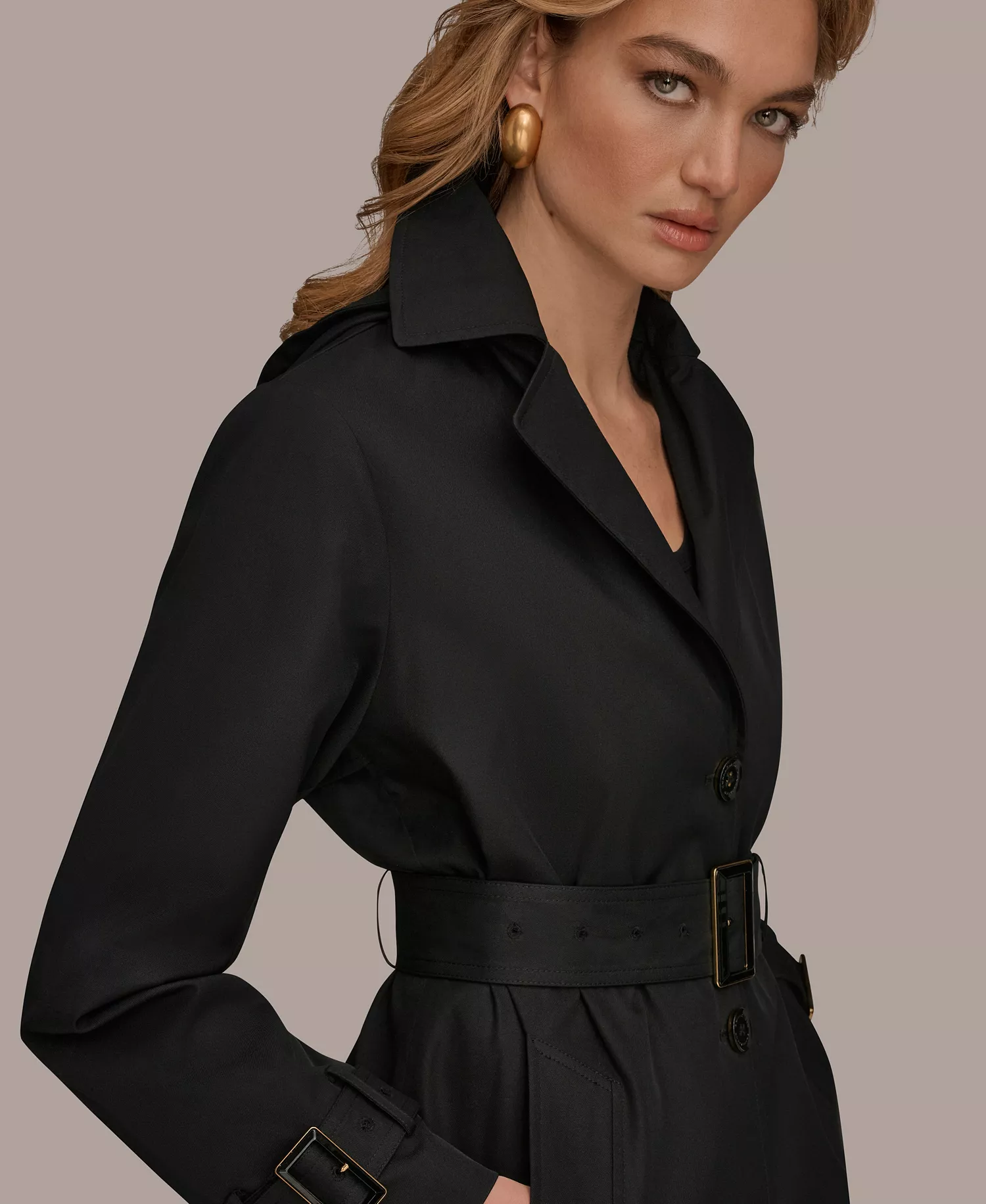 Women's Single Breasted Belted Trench Coat - Black - L