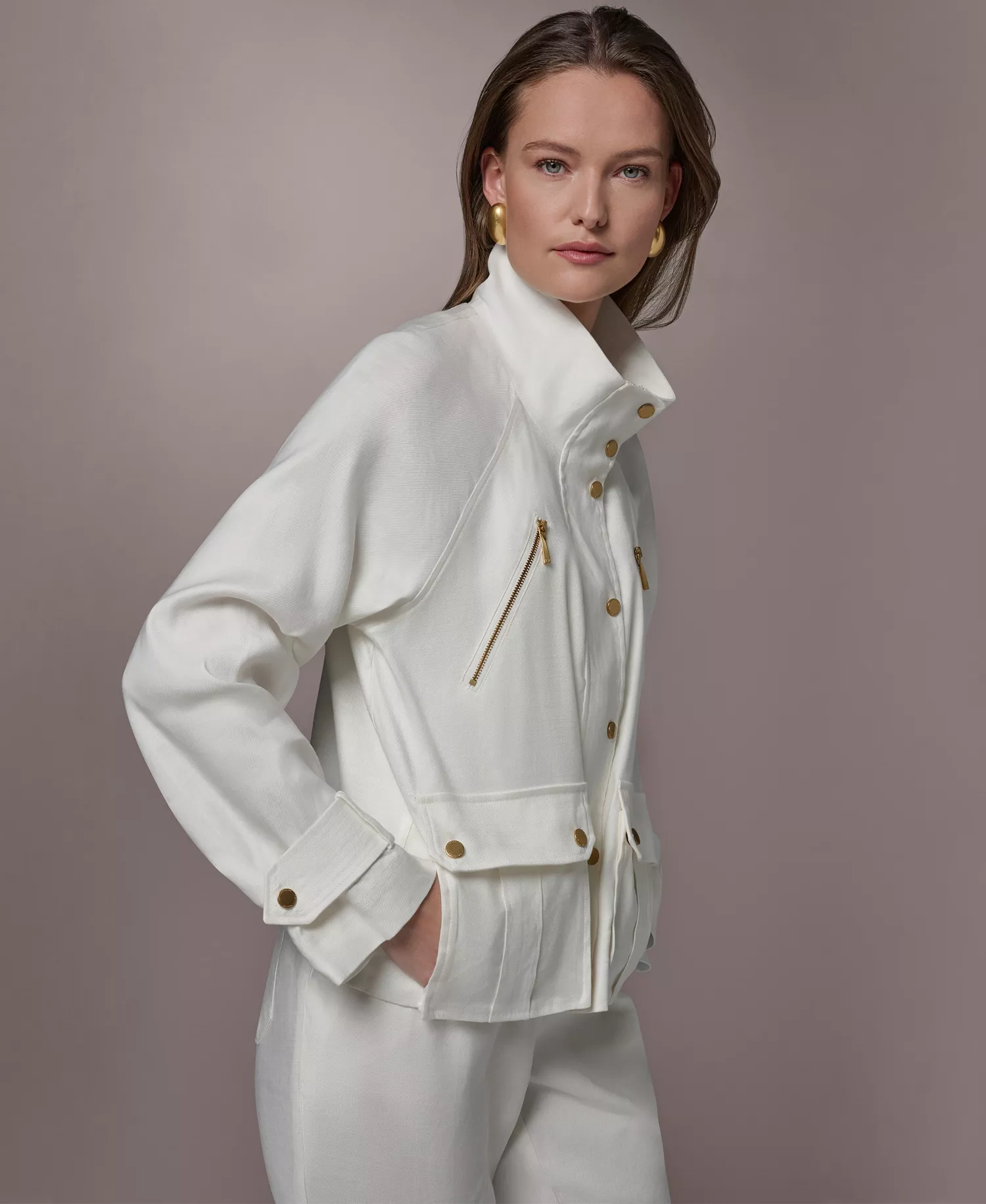 Women's Zipper Patch Pocket Jacket - Cream - L