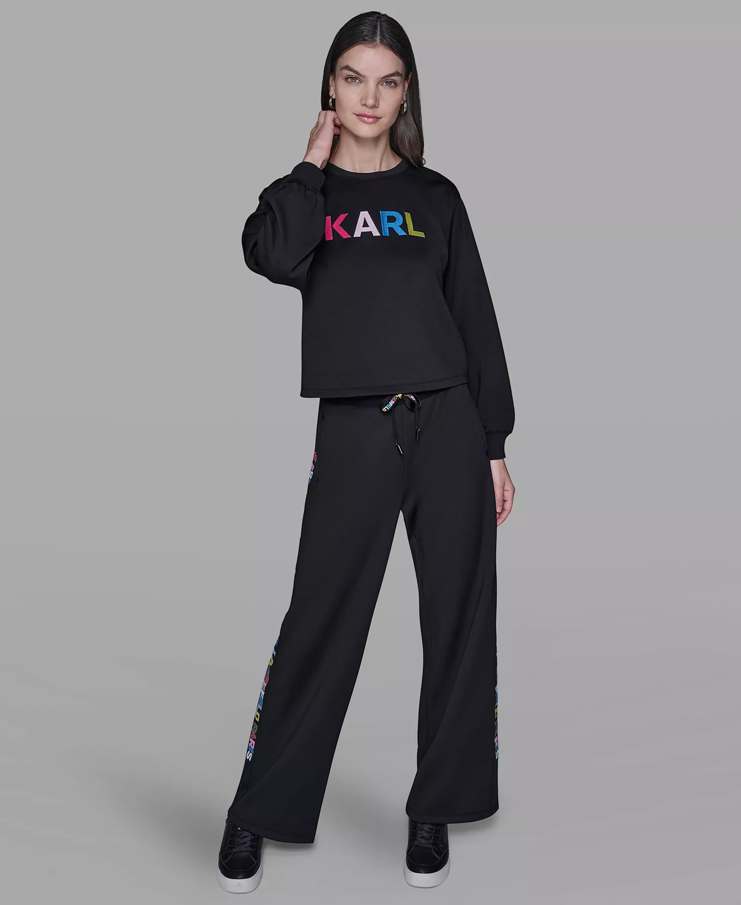 Petite Embroidered Logo Long-Sleeve Sweater - Black - P/L