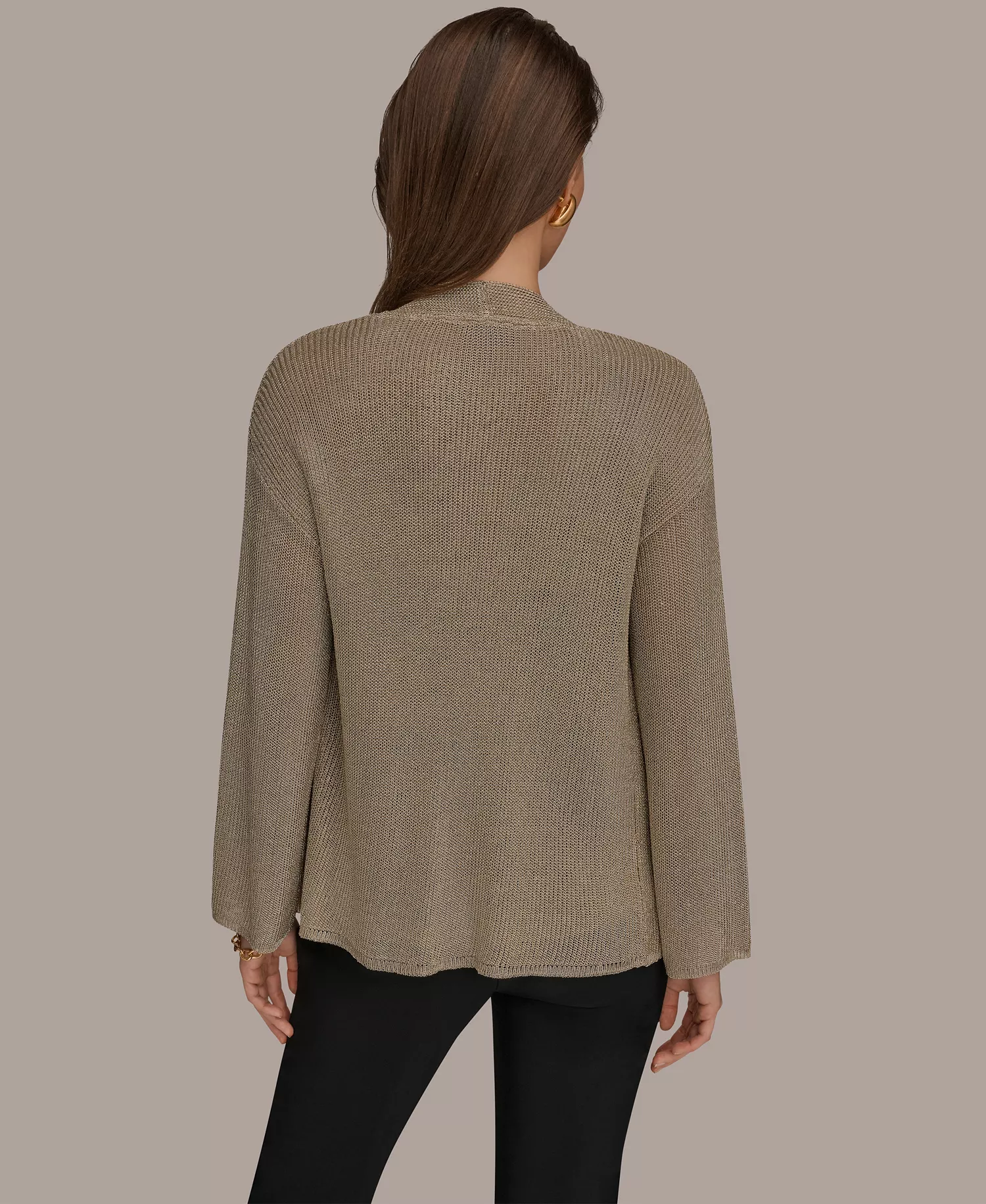 Women's Metallic V-Neck Long-Sleeve Cardigan - Tan/Beige - L