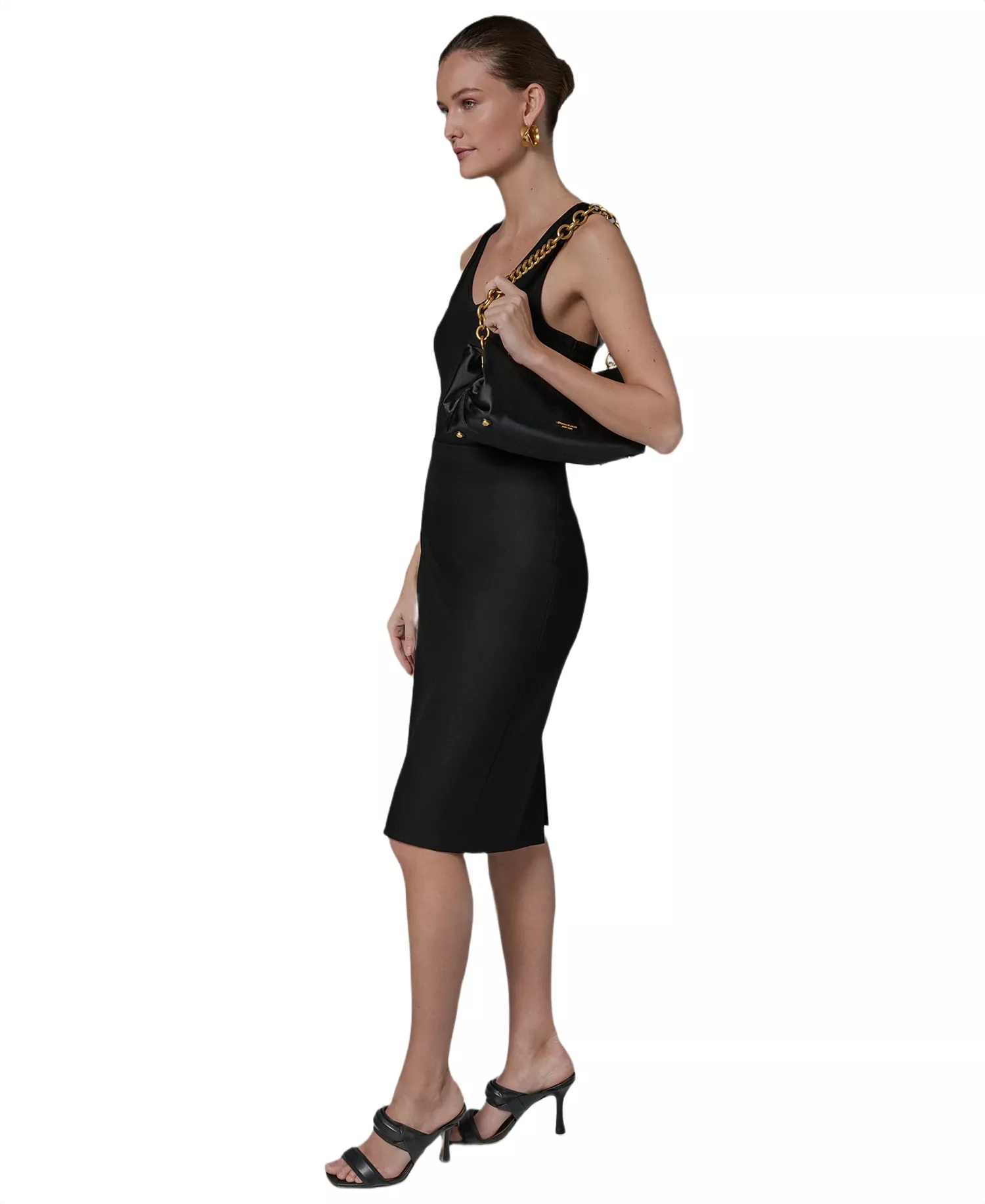 Poplin Satin Medium Clutch Shoulder Bag - Black/Gold - ONE SIZE