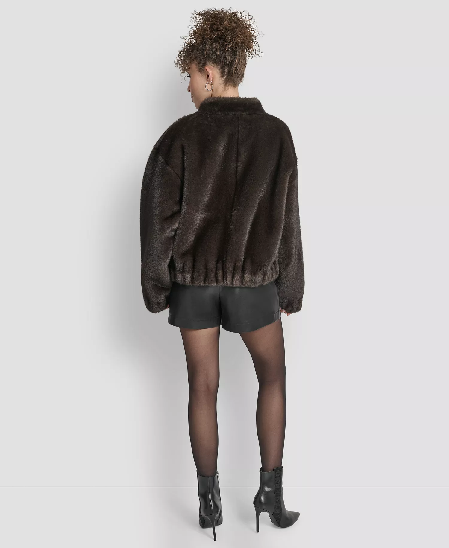 Women's Collar Neck Bomber Coat - Dark Brown - S