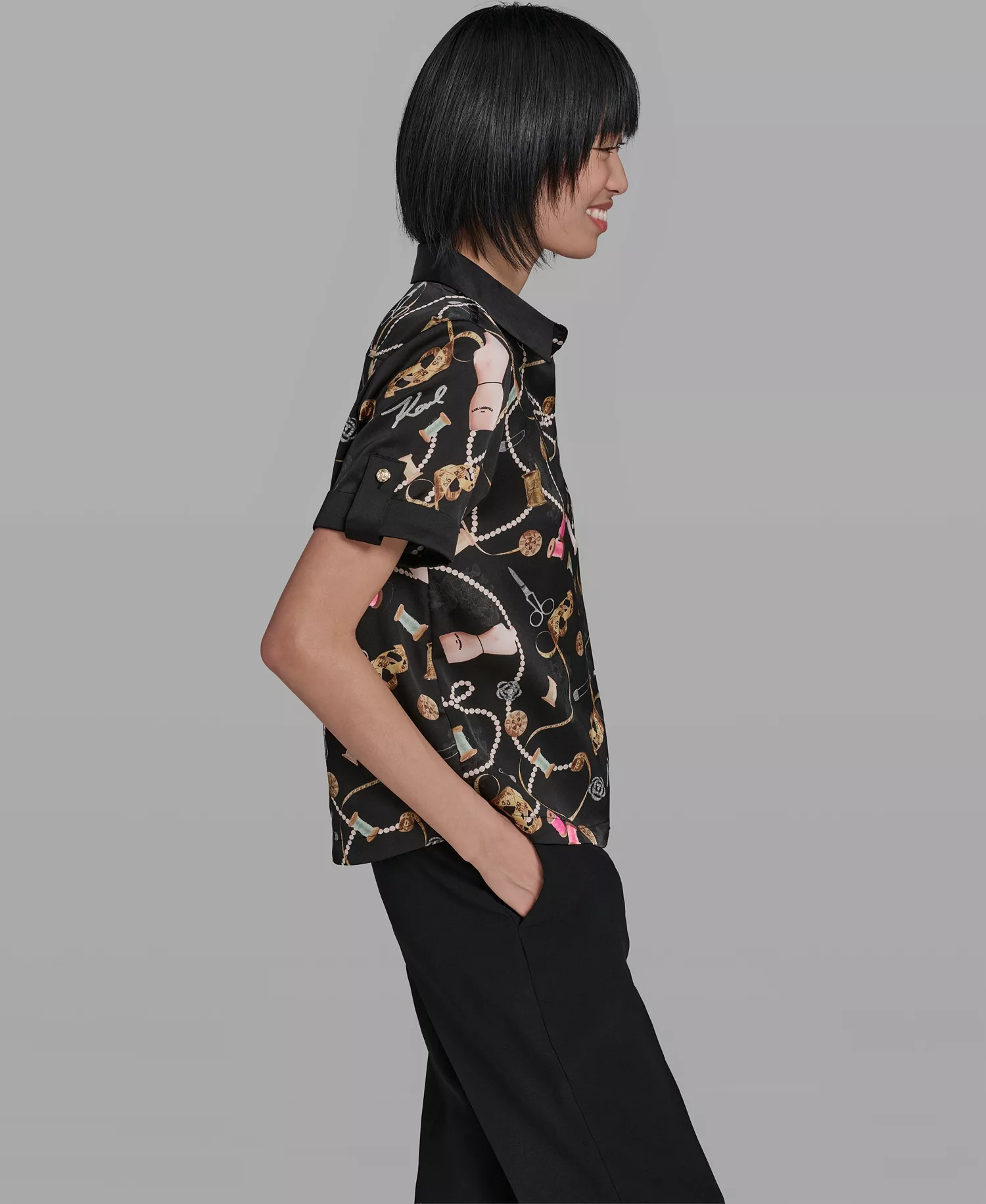 Women's Sewing Detail Printed Camp Collared Shirt - Black Combo - L