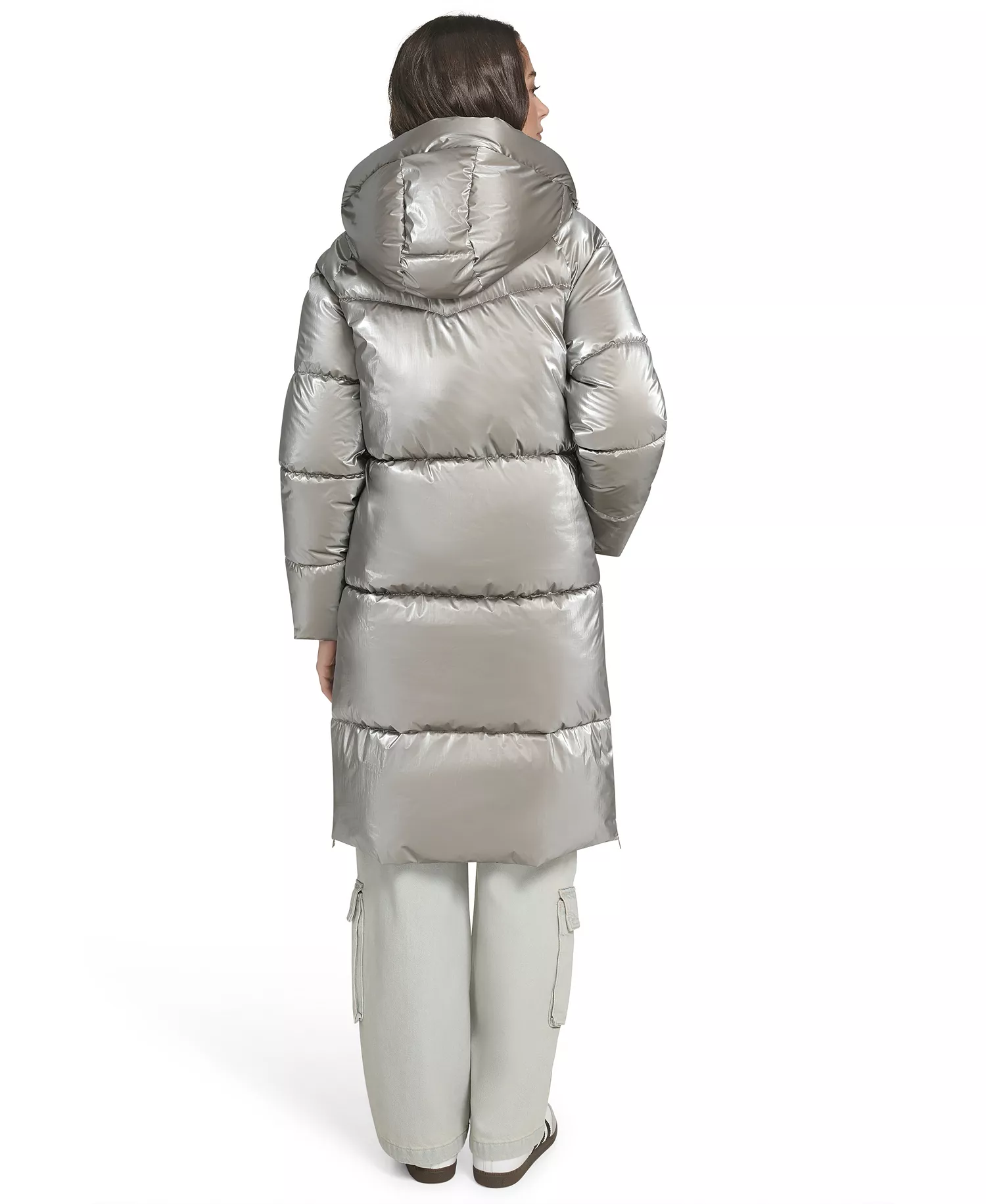 Women's Regular Long Puffer Jacket - Silver - L